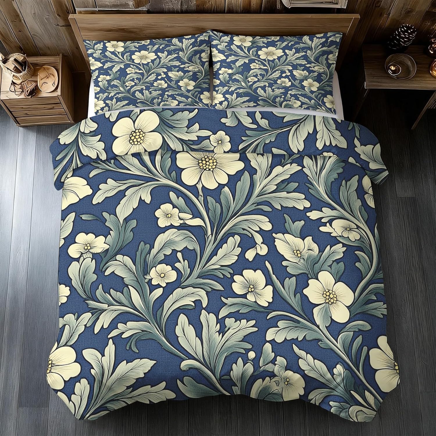 Housse de couette 200 x 200 plantes champêtres réversible parure de lit 2 personnes lavable machine