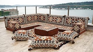 Brown Moroccan Home Decor Cushion, 4" Thickness Corner Floor Seating Set, L Shaped Floor Couch, Sectional Sofa Set, Floor Pillows, Arabic Majlis (L Sofa + Rug + Ottoman, 4'' Thickness (10 cm))