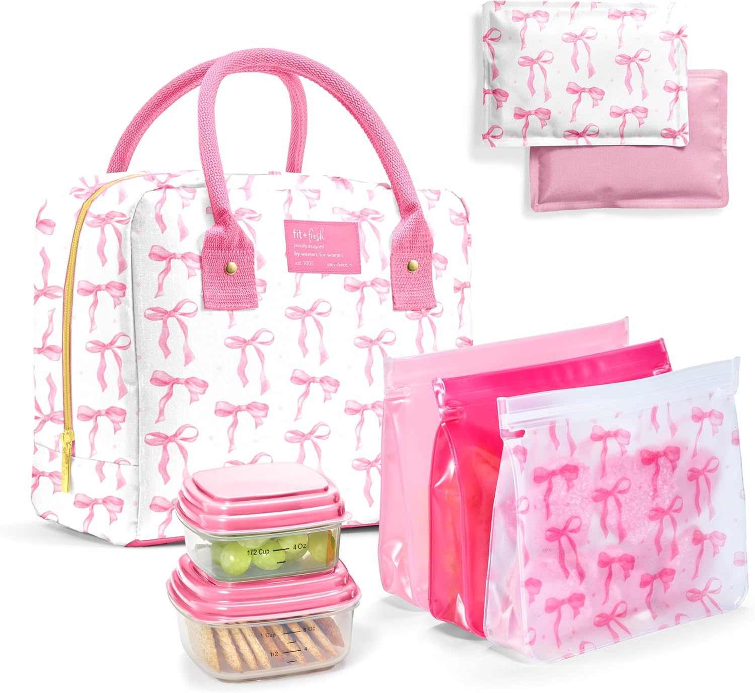 Fit & Fresh Bloomington Lunch Bag with 2 Containers + Cool Coolers Soft Ice Packs 2Pk + Reusable PEVA Storage Bags 3Pk, Leak-Resistant, BPA-Free, Durable, Easy to Clean, Pink Bows