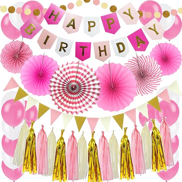ZERODECO Birthday Party Decoration, Pink Happy Birthday Banner with Paper Fans Garland String Triangle Bunting Flag Tissue Tassel and Balloon for Bday Party Supplies Anniversary Decoration