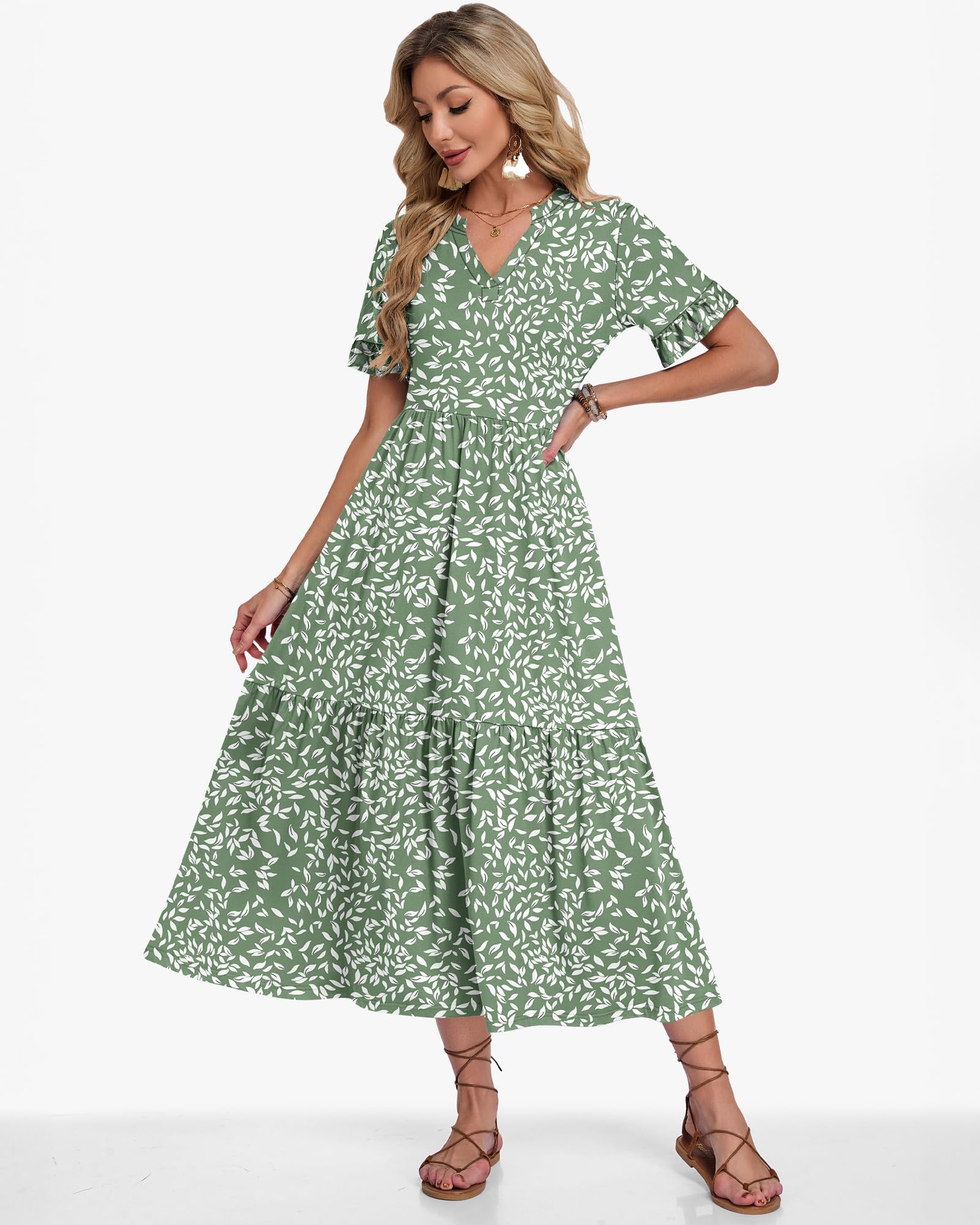 AUSELILY Vestidos Largo Verano Mujer 2026 Cuello en V Ruffles Manga Corta Vestido Playa Mujer Largo Ligero y Aireado con Bolsillos Cintura Elástica