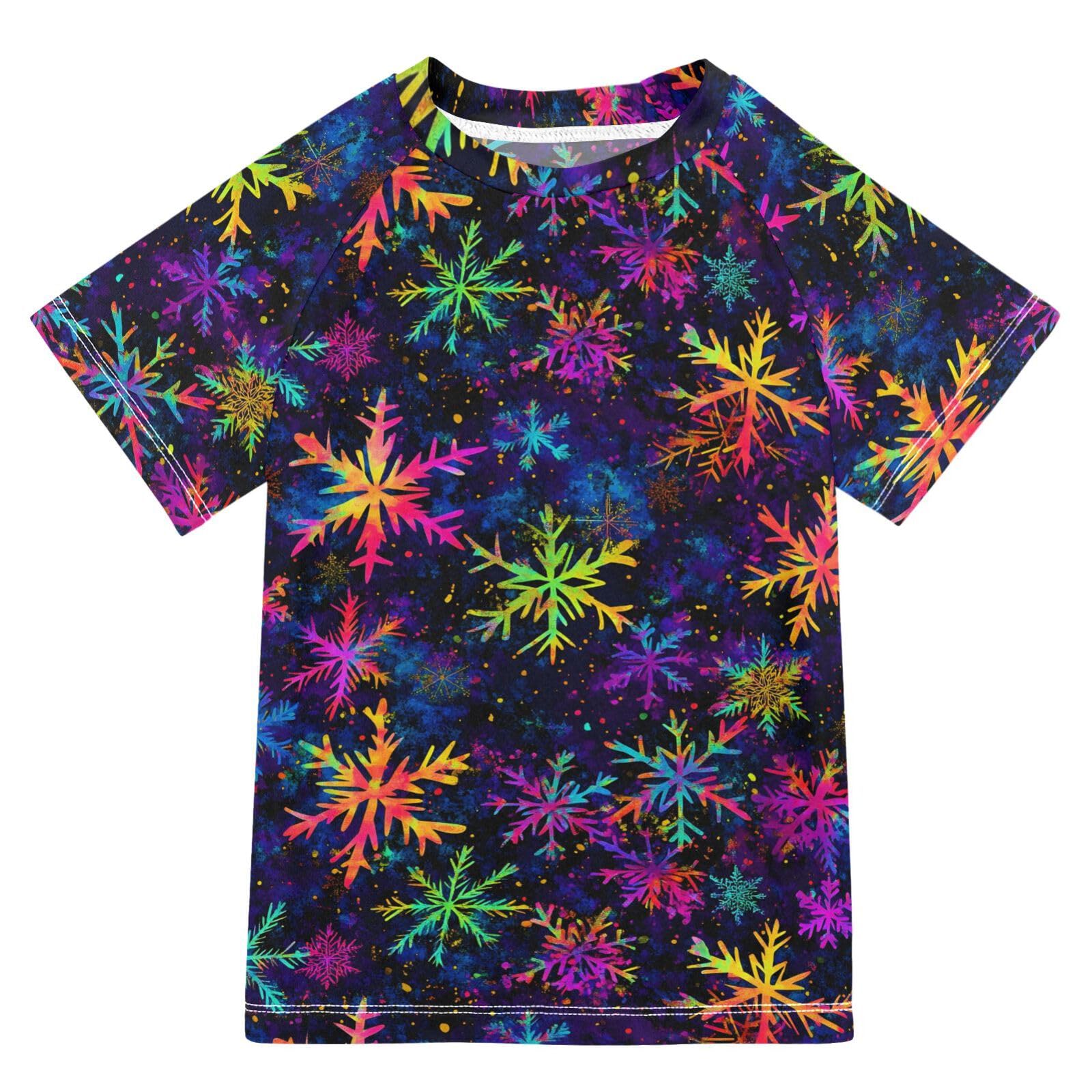 Boys Rash Guard Short Sleeve Swim Shirts for Boys Neon Snowflake Sun Protection 7-8T