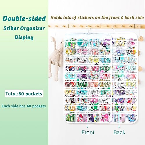 Miniatura 4 de PACMAXI Organizador de exhibición de calcomanías colgantes, almacenamiento de calcomanías de doble cara, 80 bolsillos, soporte portátil para colgar