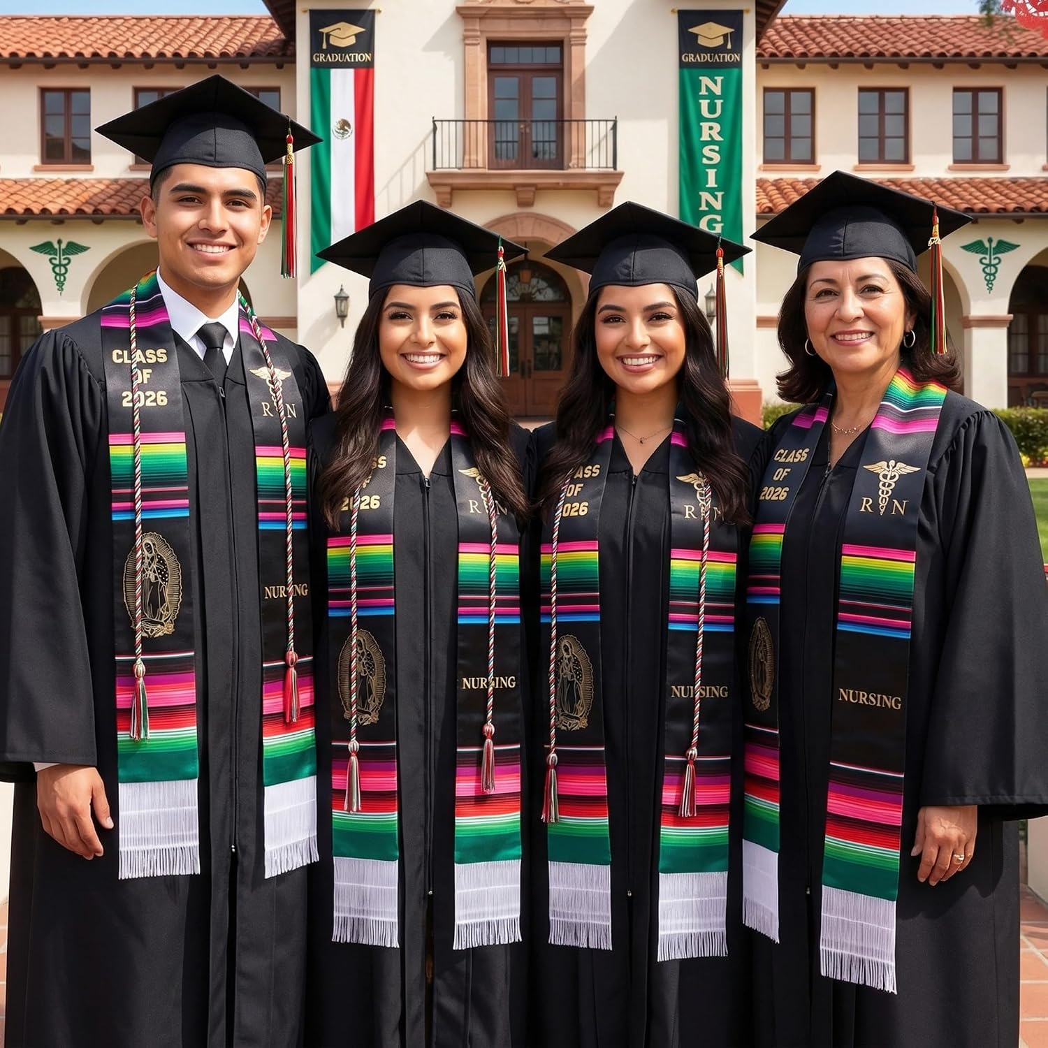 WATINC Nursing Mexican Graduation Stole - 2PCS Class of 2026 Grad Sarape Stole Sash with Honor Cord & Medical Logo for Hispanic Nurse, Mexico Estolas Para Graduación Authentic Scarf for Ceremony Gift