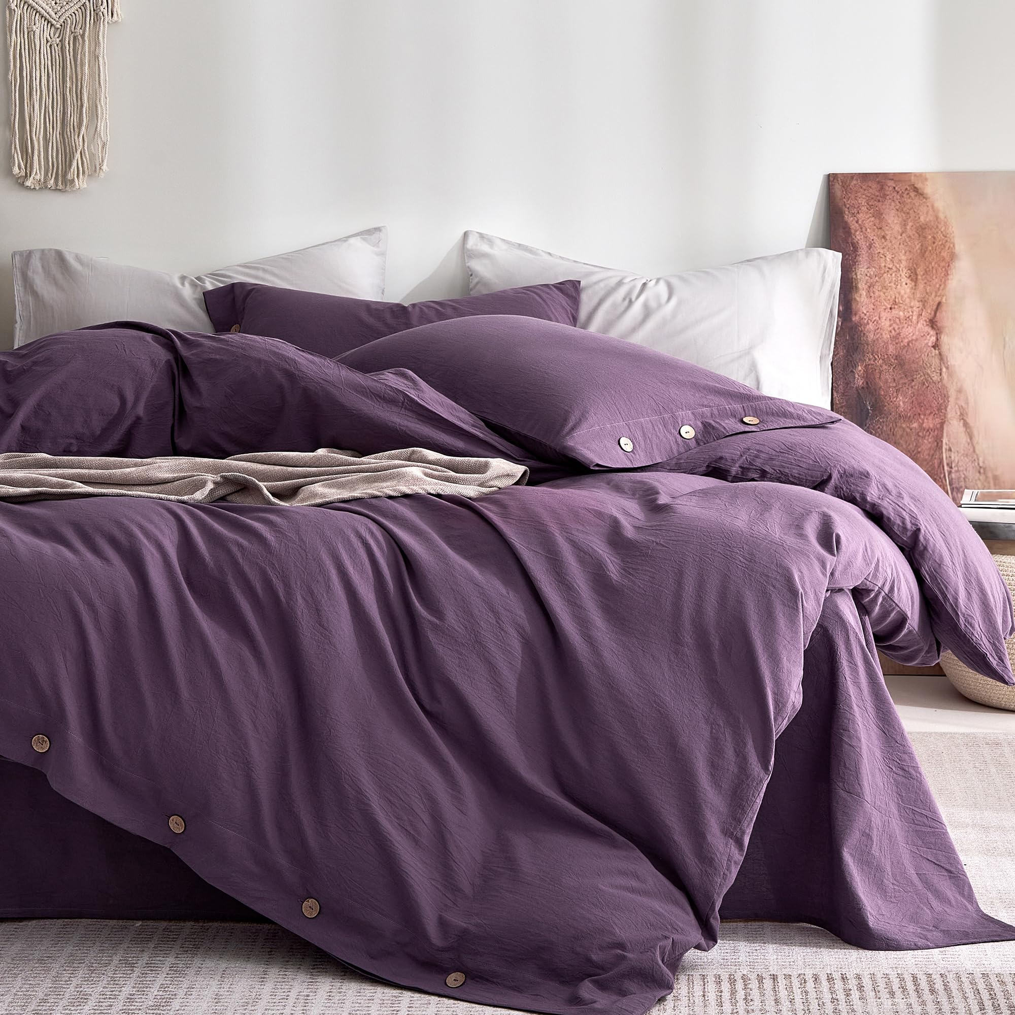 JELLYMONI 100% Washed Cotton Purple Duvet Cover Cal King, Linen-Like