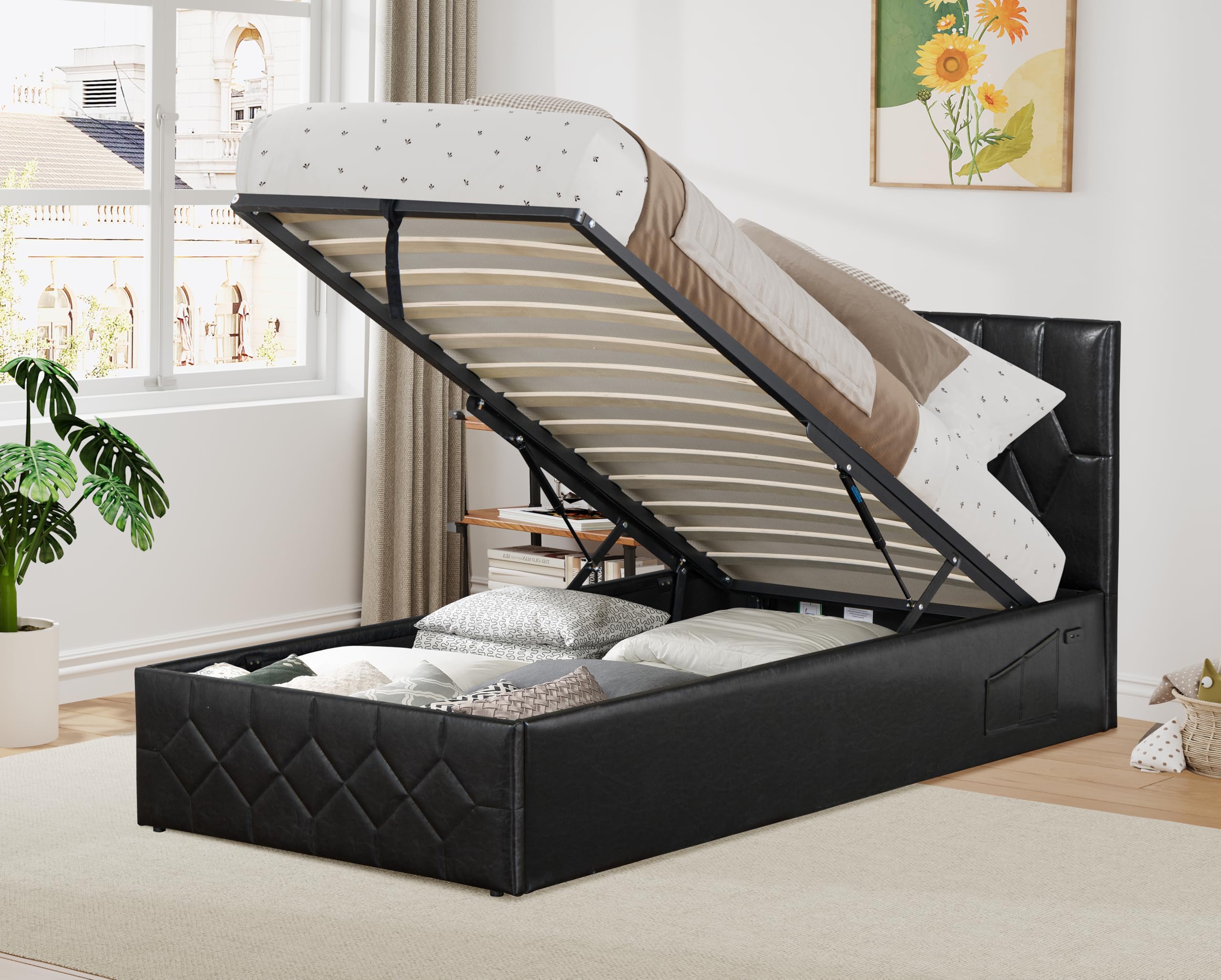 Modernique Black Faux Leather Ottoman Storage Bed with Built-in Anti-Shake Headboard, 2 Side Pockets & USB | Type-C Charging Ports (Single (3ft))
