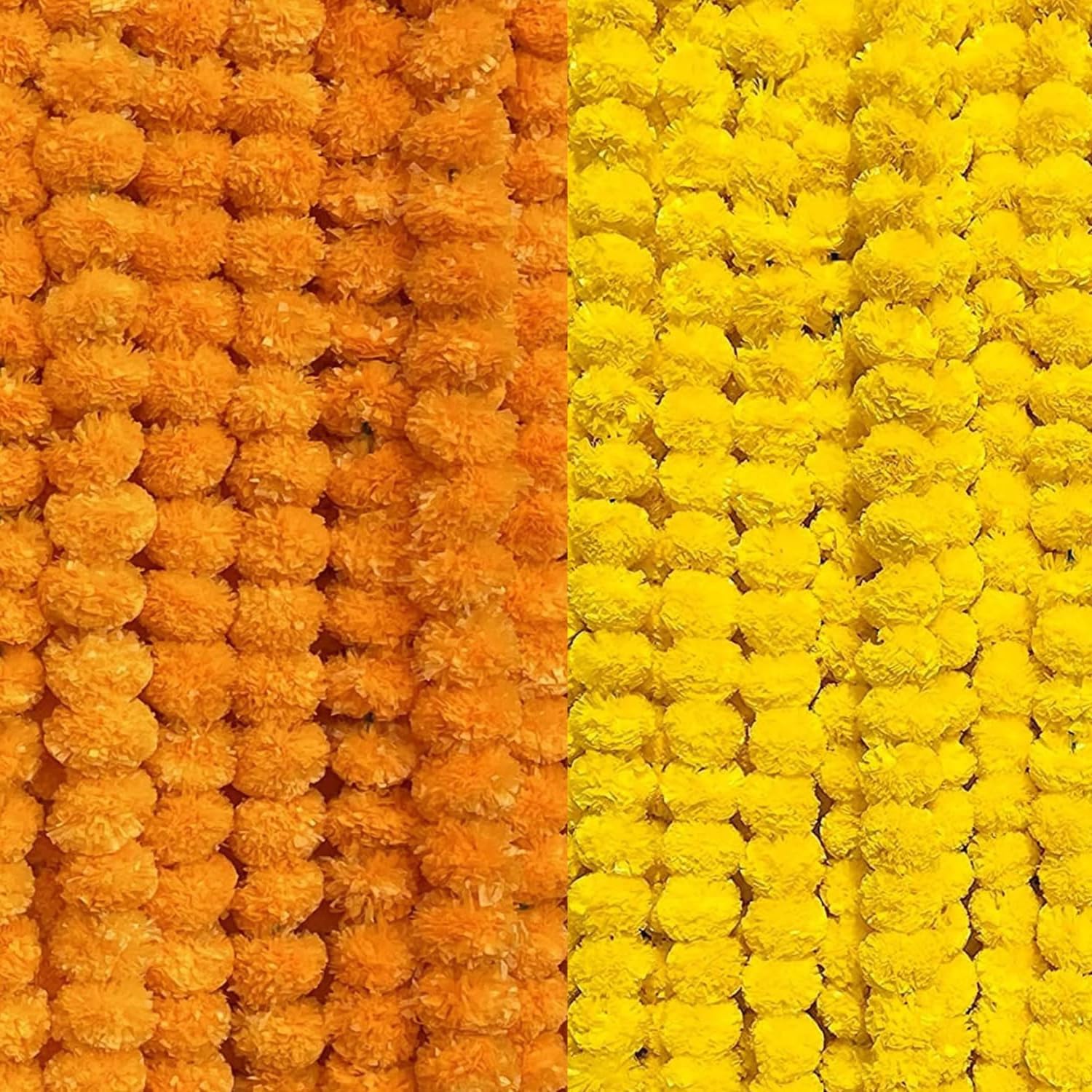 LYFJOY 10Piece Indian Handmade Artificial Genda/Marigold Flowers Garlands Decoration 5Ft Each Long Door Hanging Genda Phool for Wedding Festivals Light Orange & Yellow