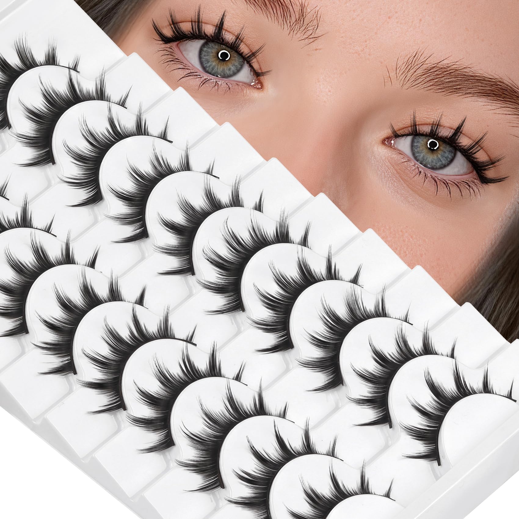 Lashes Manga False Eyelashes 10-15mm Anime Lashes Strips C Curl Cosplay Fake Eyelashes 10 Pairs Thick Spiky Faux Mink Lashes Natural Look (FM01)