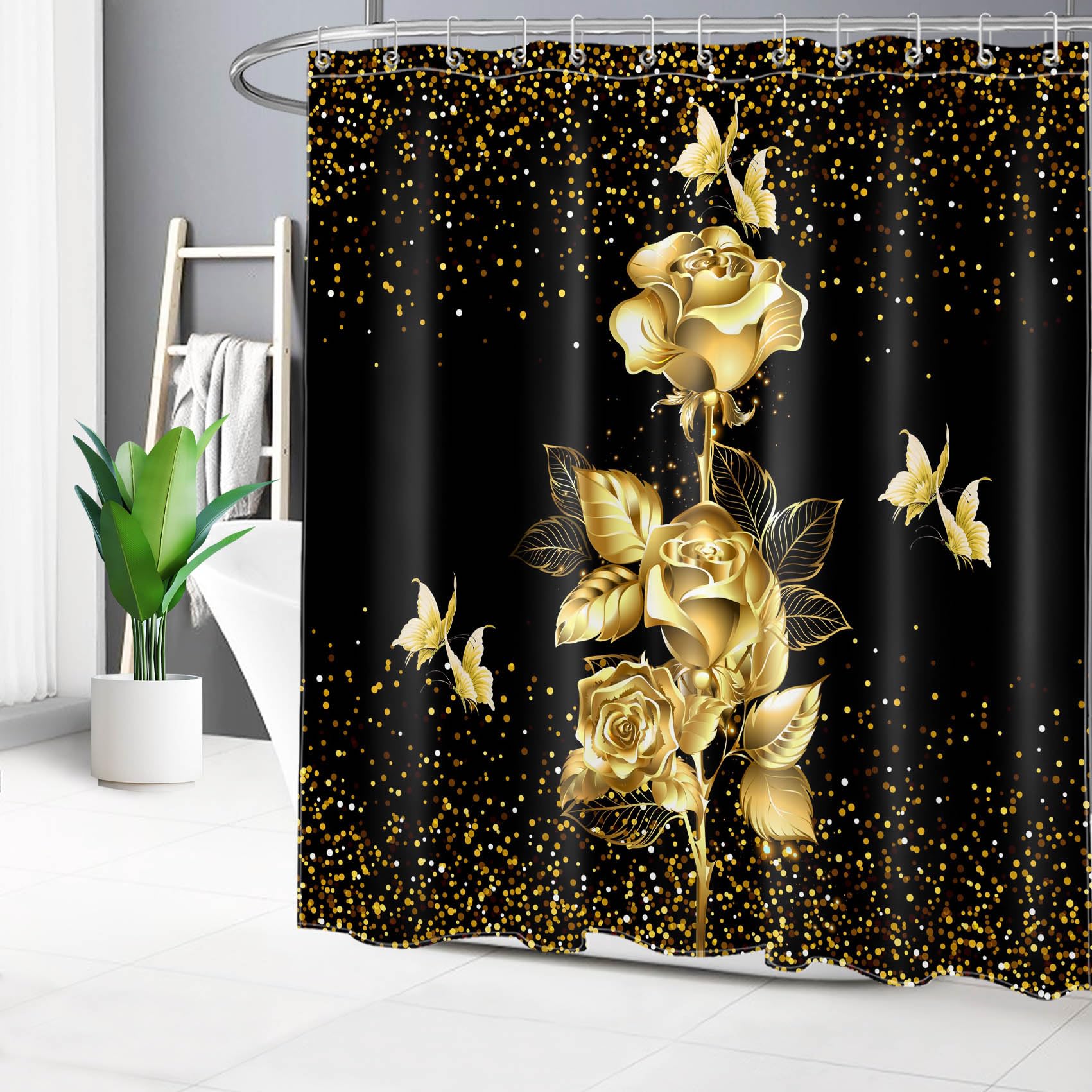Tenda Doccia LB Floreale Astratta 120x175 Cm – Foglia Marrone Con Fiori, Poliestere Impermeabile Antimuffa, Con 8 Ganci Inclusi