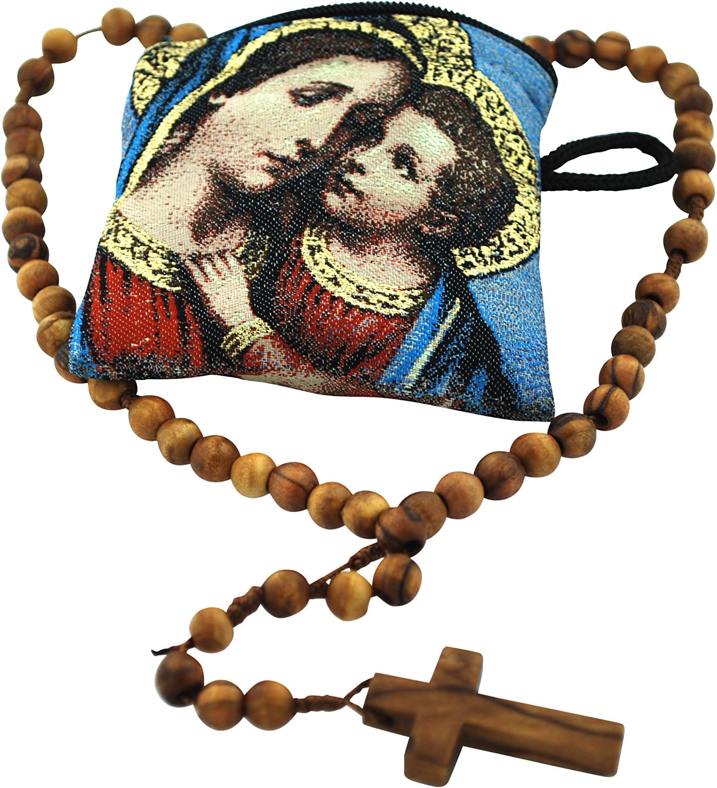 Vaticano Imports Olive Wood Rosary with Mary and Jesus Rosary Pouch