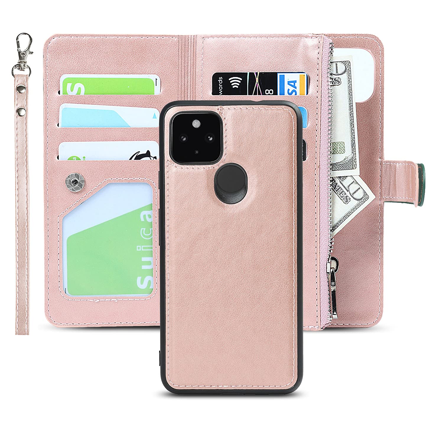 ShunJieTechfor Google Pixel 5A 5G Case,for pixel5a 5g Google Case, 2 in 1 Detachable Wallet Magnetic Case PU Leather Flip Cover with Coin Pocket & 6 Slots-Pink