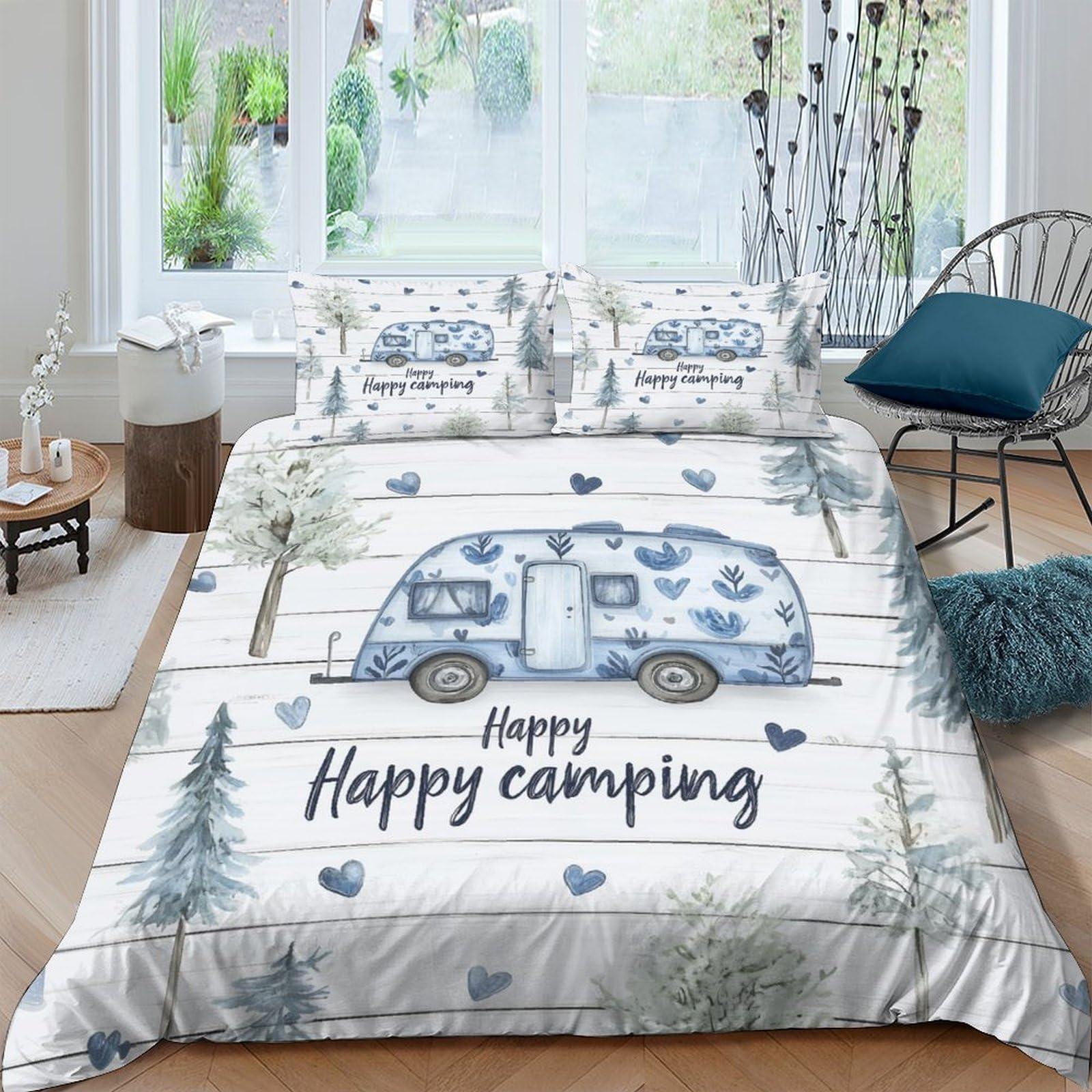 Ctjqhvkz Style-10 3D Printed Blue Camper Van Fitted Sheet Microfiber Soft Bedroom Forest Bed Cover For Home Dorm Decor Single（135X200cm）