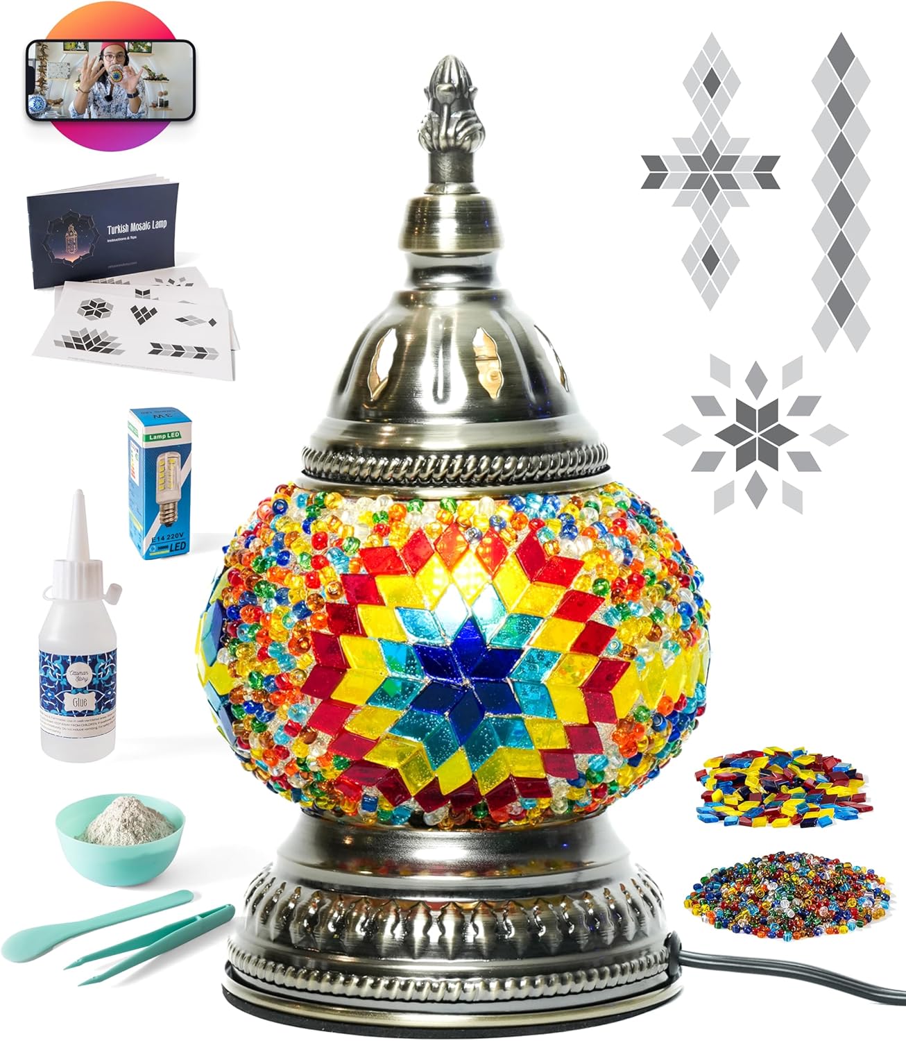 KRAFTSTORIES DIY Turkish Mosaic Lamp Kit – Create Your Own Colorful Glass Table Lamp | Handmade Arts & Crafts Kit for Adults | Moroccan Boho Unique Gift Idea, Includes All Materials (Multicolor)