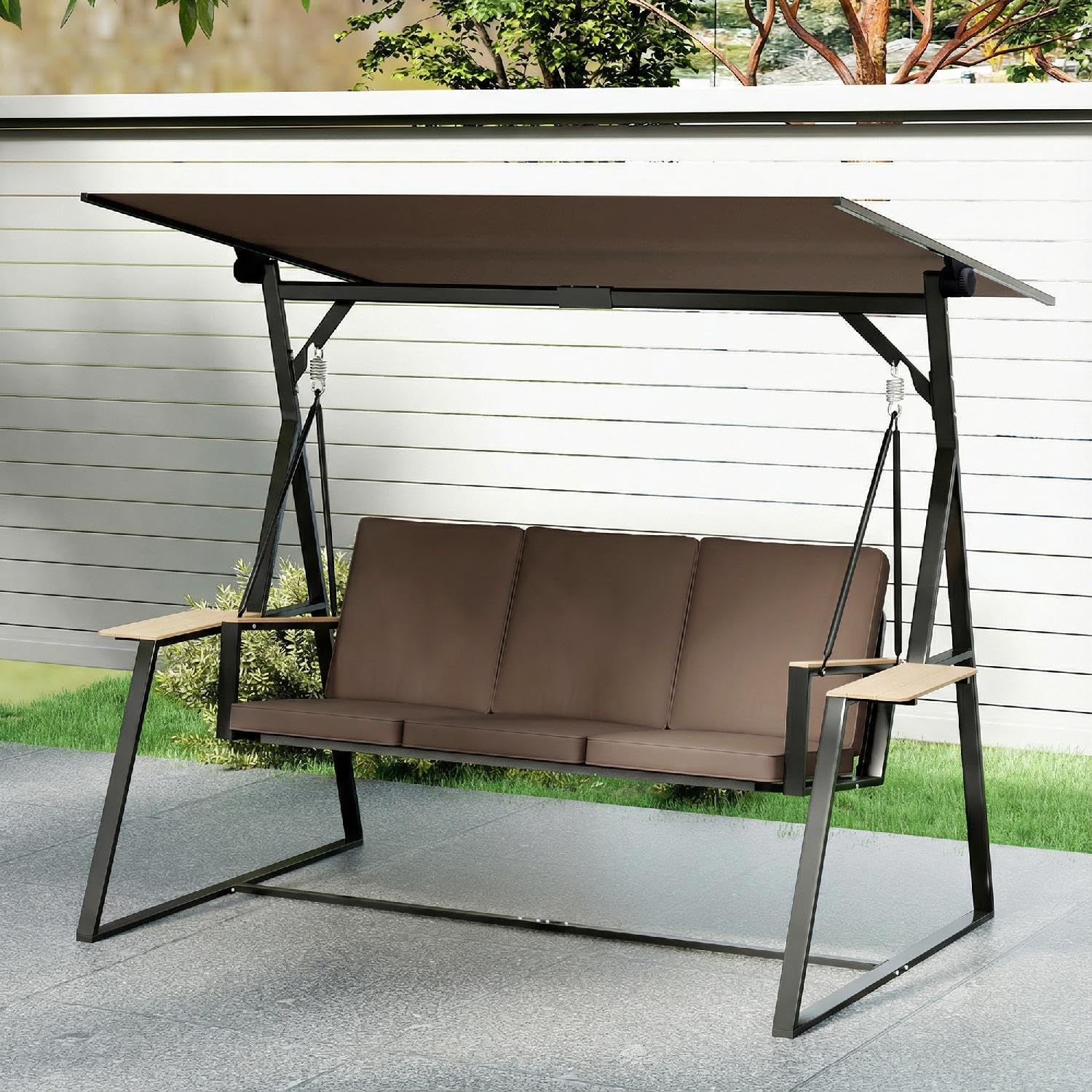 Dondolo da Giardino 3 Posti con Tettuccio Regolabile e Porta Bicchieri in Metallo Dimensioni 222x131x175 cm, Marrone