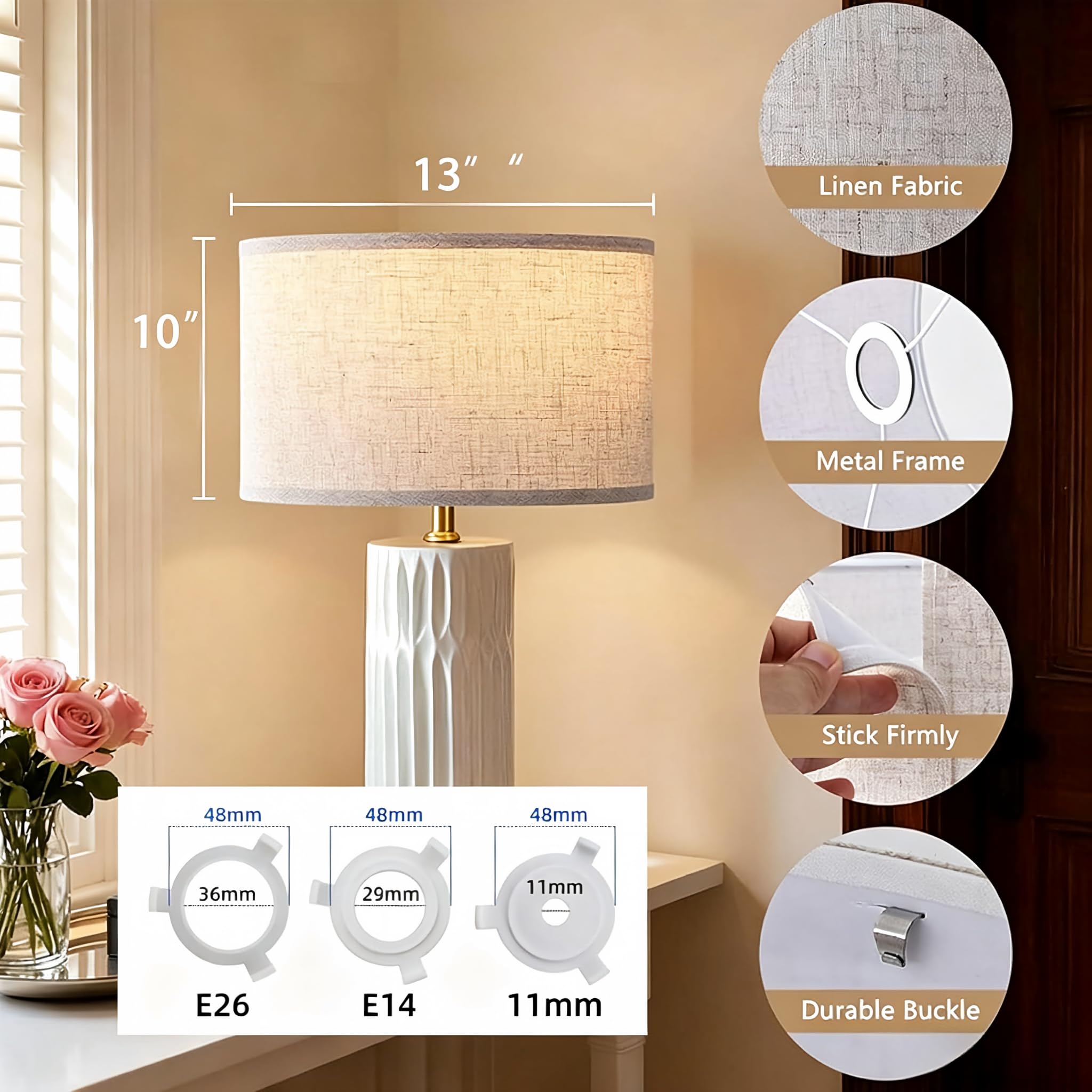 Pantalla de tambor de lino beige de 33 cm, paquete de 2 pantallas de tambor de lino para lámparas de mesa y lámparas de pie, pantalla grande desmontable KD con E26 y E27, ajustable de 360 grados para
