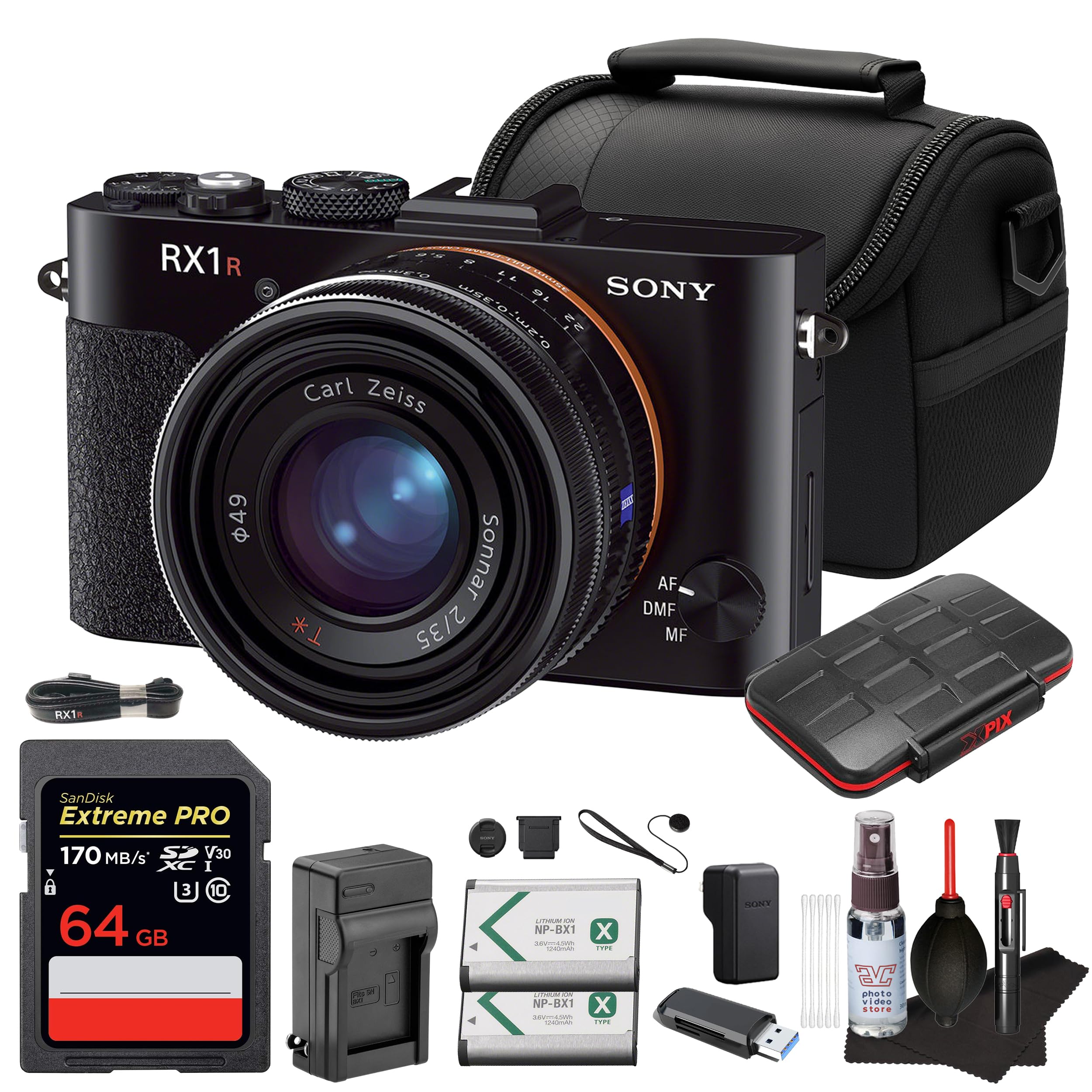 Sony Cyber-Shot DSC-RX1R Digital Camera – Full-Frame 24.3MP Camera with Fixed 35mm f/2 Zeiss Lens – for Travel, Street Photography & Portraits | 64GB Memory Card | Replacement Battery | Bag | More