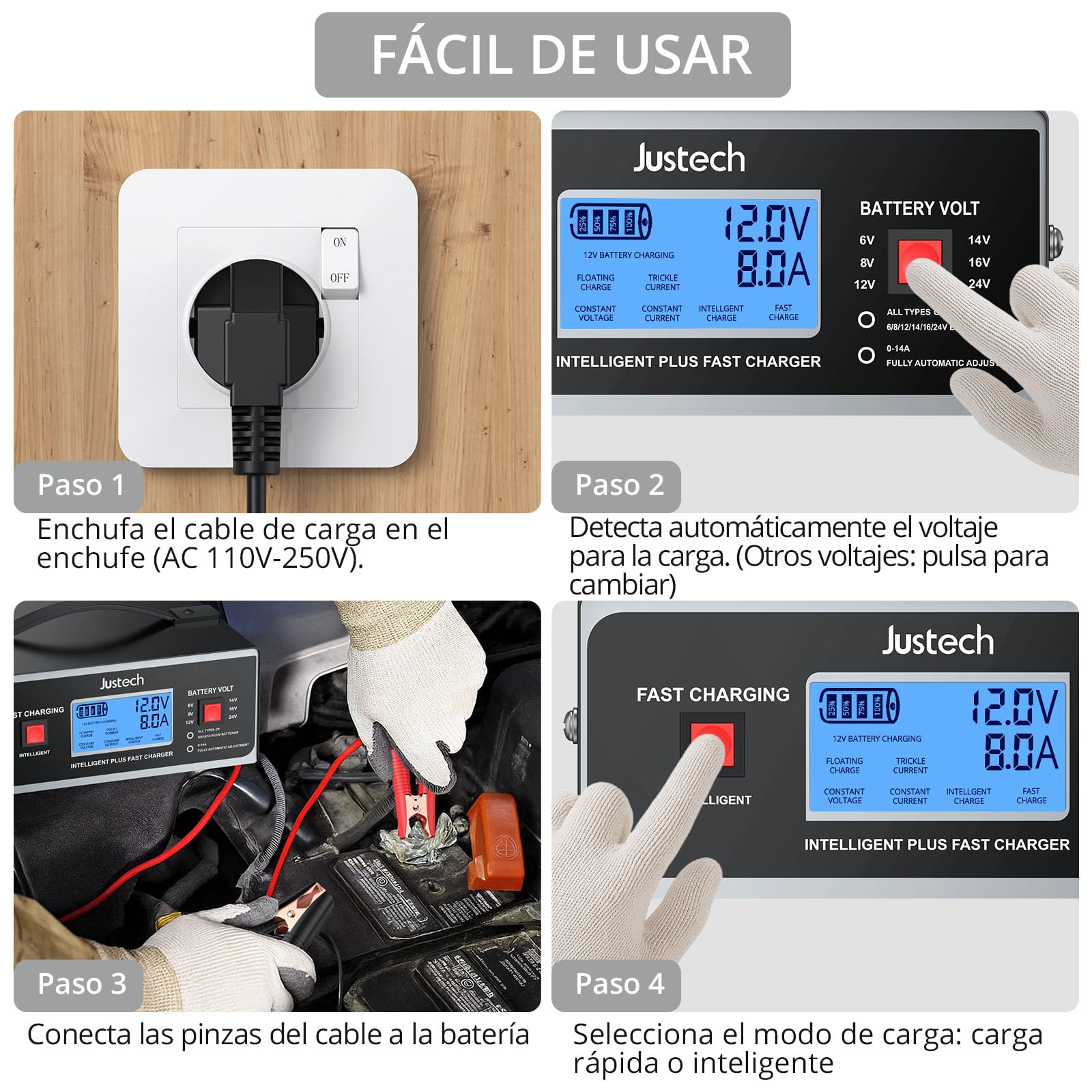 Justech Cargador de Baterias Coche y Moto 6/8/12/14/16/24V,0-10A,Cargador de Batería de Plomo-Ácido Inteligente con Pantalla LCD para AGM,Gel,SLA