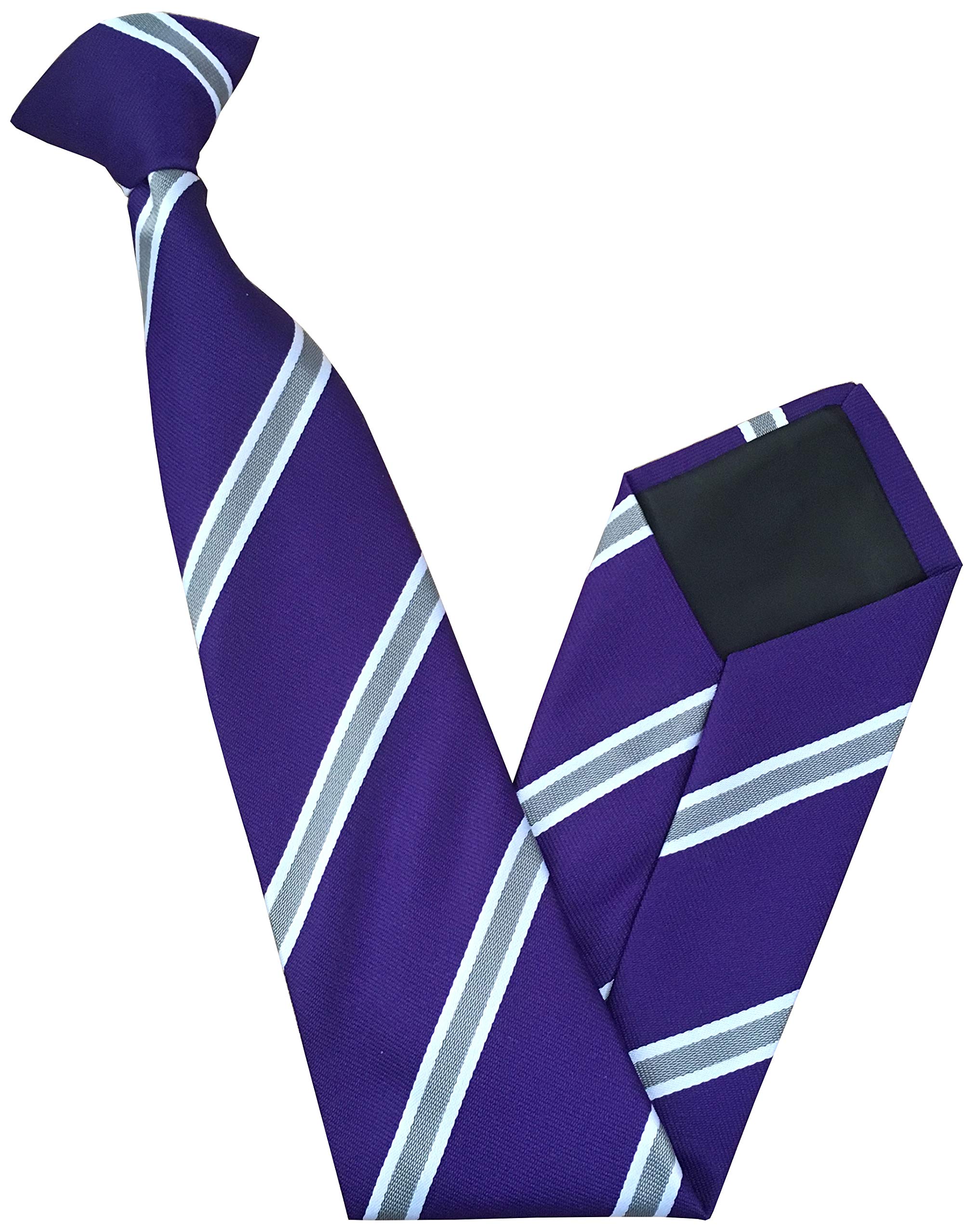 Men's Striped Clip On Neck Tie (Purple with Grey & White Stripes)