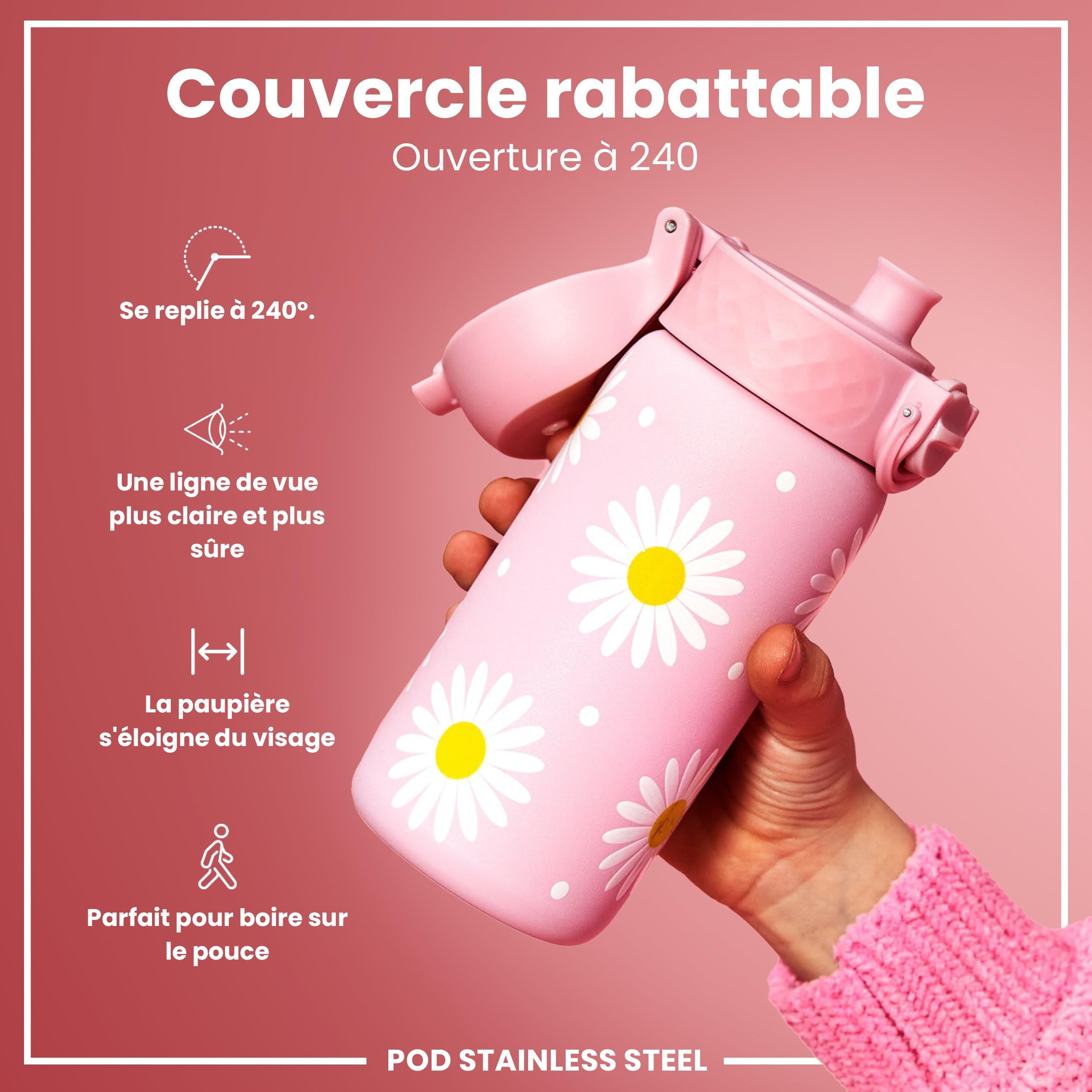 Ion8 Gourde Enfant Inox 400ml Anti-Fuite Verrouillage Sécurisé Lavable Lave-Vaisselle Acier Inoxydable Marguerites