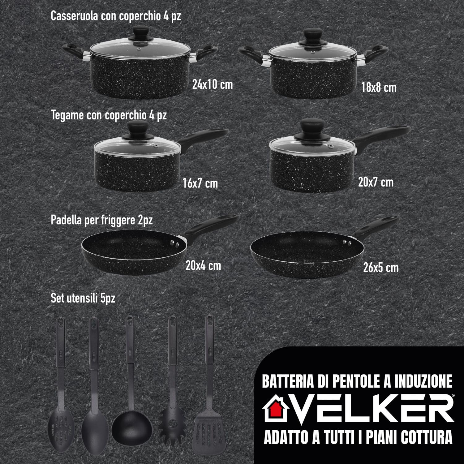Velker - batteria da cucina a induzione 15 pezzi - kit pentole a induzione con rivestimento antiaderente adatto a tutti i piani cottura. Set pentole cucina