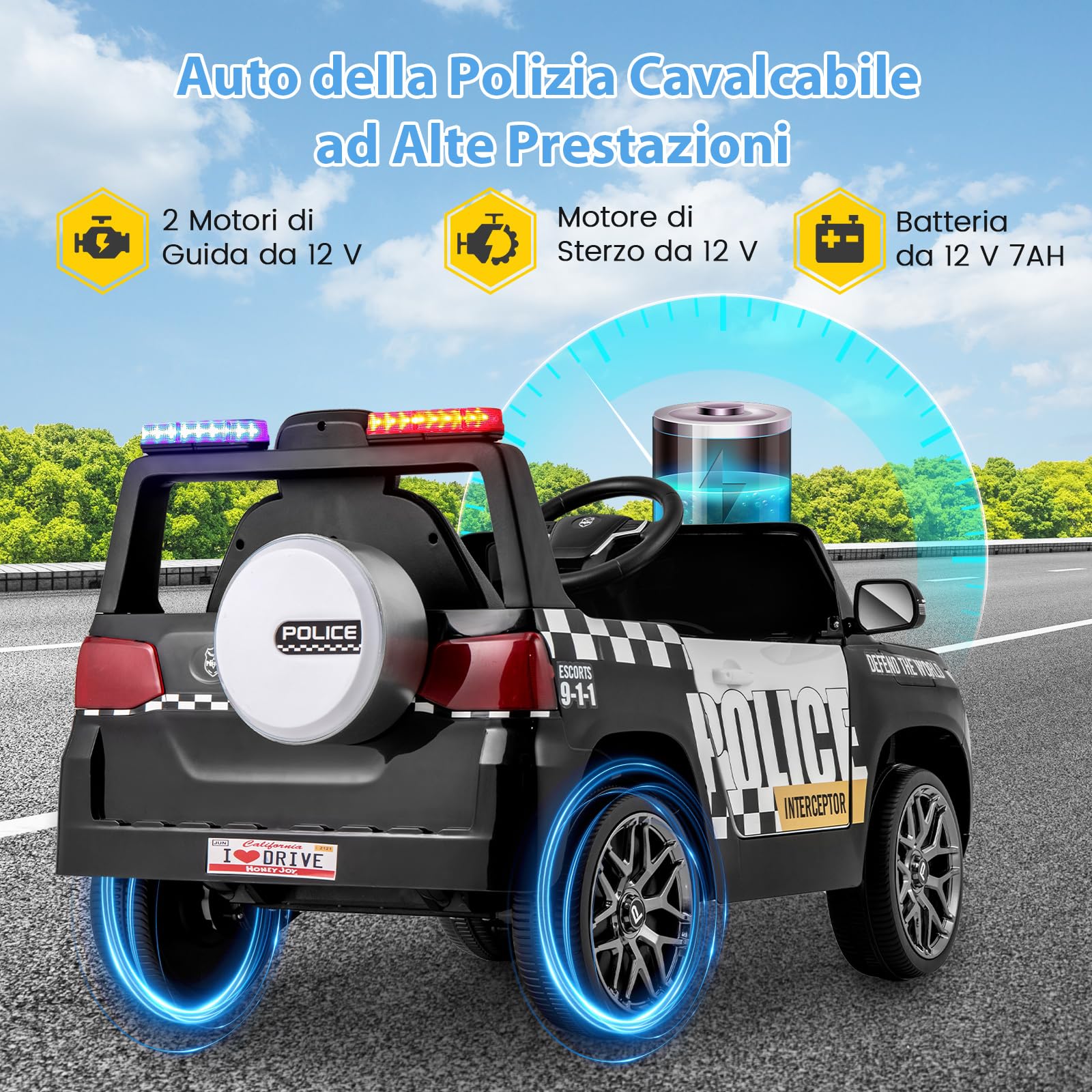 COSTWAY Auto della Polizia per Bambini, Macchina Elettrica 12V con Telecomando Connessione Wireless Musica Clacson Sirena e Luci LED, per Bambini 3-8 Anni (Bianco)