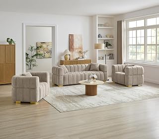 VANOMi Cloud Sofa and Chair Set, 3 Piece Modern Seating Furniture, Taupe | Upholstered Couch with Two Accent Chairs, Complete Living Room Set for Apartment, Bedroom, Lounge Space, Cozy Home Furniture