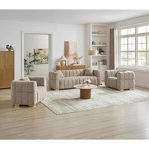 VANOMi Sofa and Chair Set, Modern Deep Seat Couch & Boucle Sofa Chairs, Oversized Upholstered Couch Sets for Living Room, Apartment, Office, Bedroom, Camel (3 Pieces)