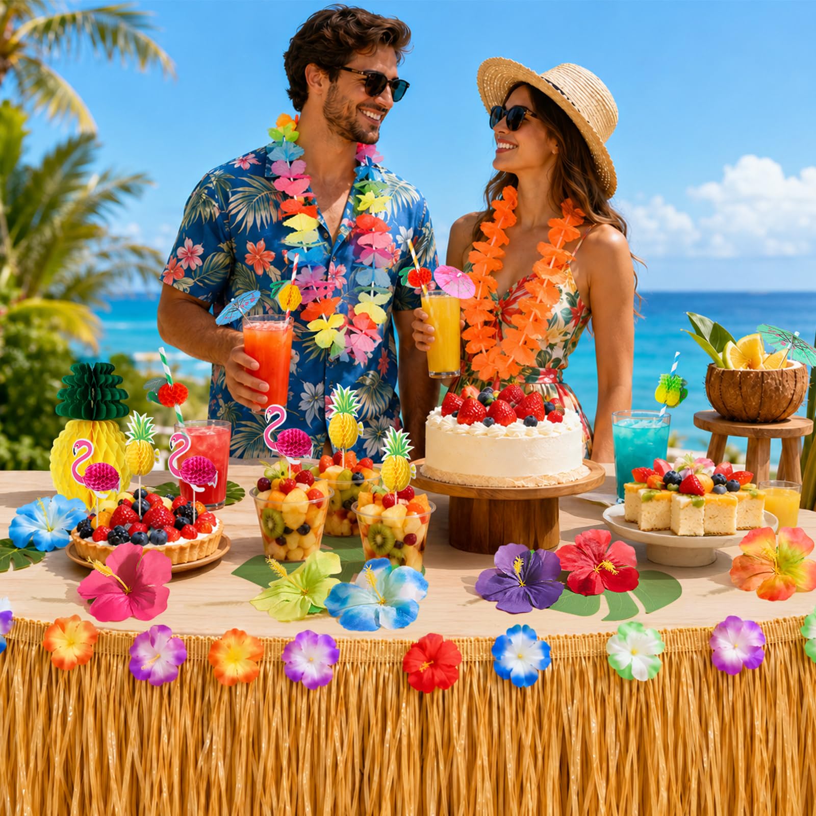 Hawaii Party Dekoration Set, 97PCS Tropische Party Dekoration Set, Hawaii Luau Tischröcke, Girlanden, Palmblätter, Ananas Flamingo Regenschirm Obst Stroh Kombition zum Grillen, Gartensommer