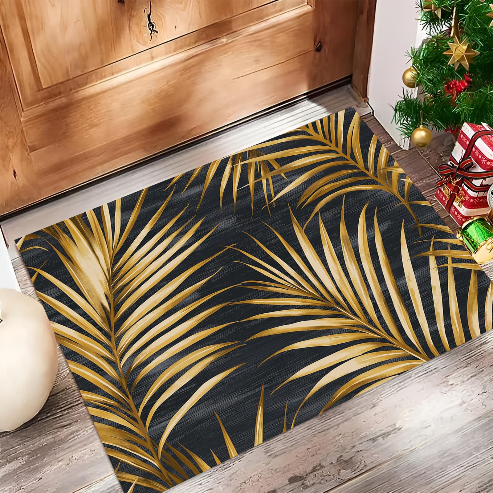 Tapis entrée pour porte et couloir style plantes exotiques or