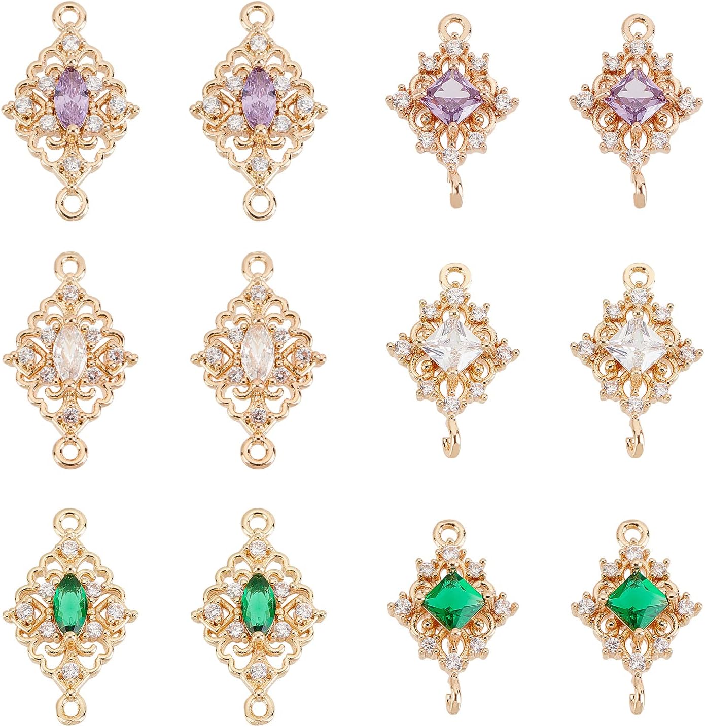 AHANDMAKER 12 Pcs Cubic Zirconia Link Connectors, 6 Styles Rhombus Brass Micro Pave CZ Stone Connector Charms Eternity Space Pendant for DIY Jewelry Bracelets Necklaces Keychain Making, Hole:1.2mm