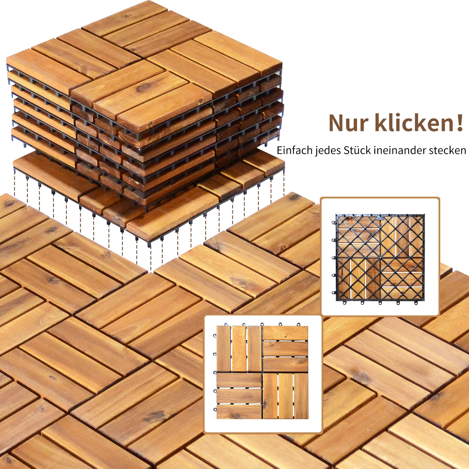Izrielar Houten tegels, 30 x 30 cm, acaciahout, balkontegels, 5 m² per terrastegels, vloertegels voor terrassen en balkon, op maat te snijden, drainage, antislip vloerbedekking, bruin, 55 stuks