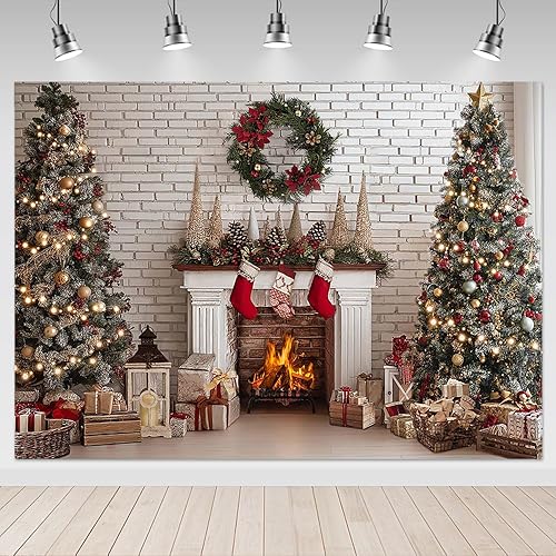 Mocsicka Christmas Fireplace Backdrop Christmas White Brick Wall Fireplace Photography