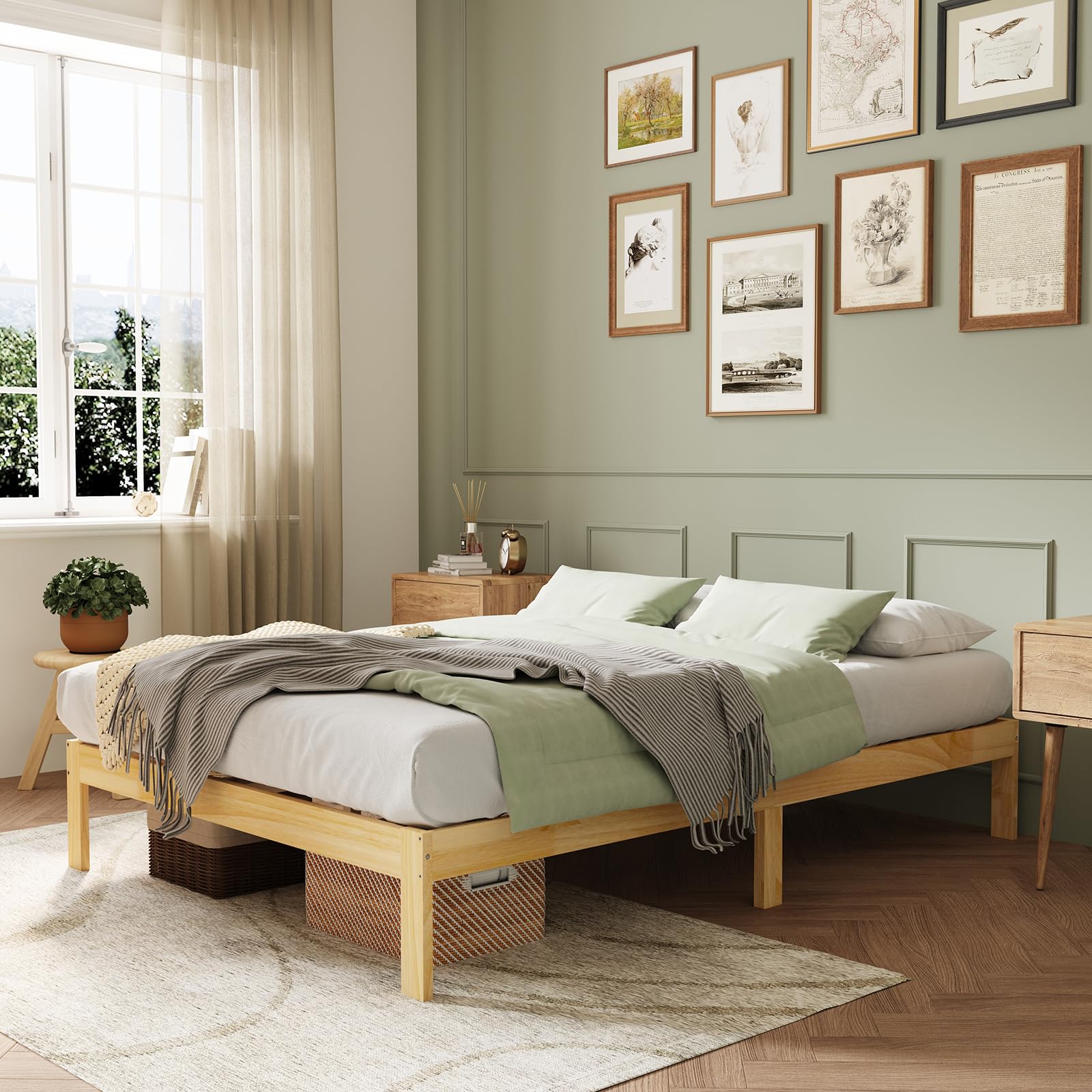 Fully assembled Novilla Queen Bed Frame with a mattress, showcasing its minimalist design