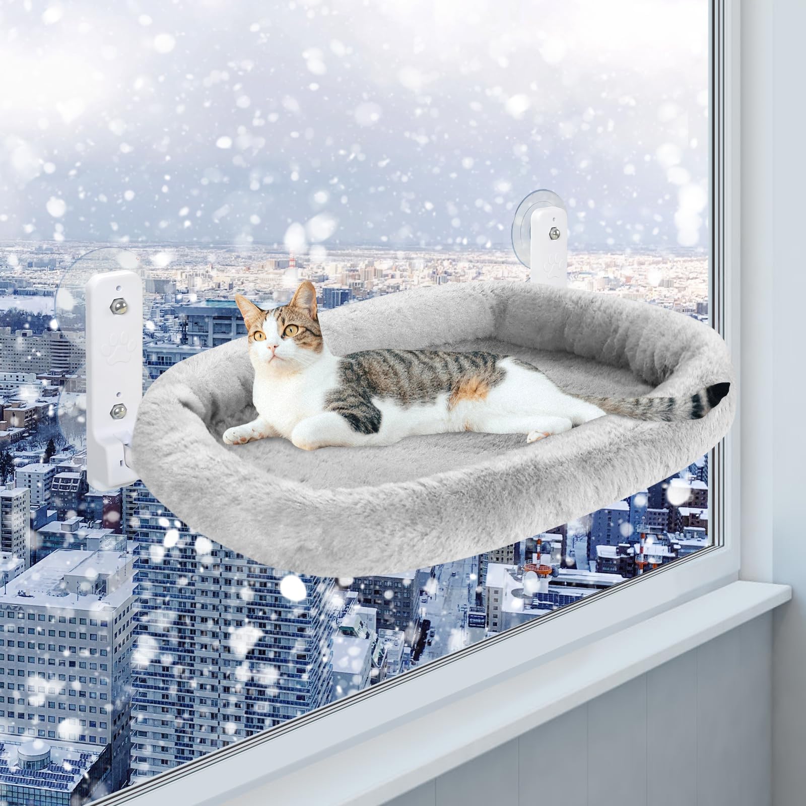 Fensterliege für Katzen 60×30cm, Katzen Hängematte mit Stabilen Saugnäpfen, Klappbare Katzenbett für Fenster, Fensterbank Katzenliege Bis zu 20kg, Grau