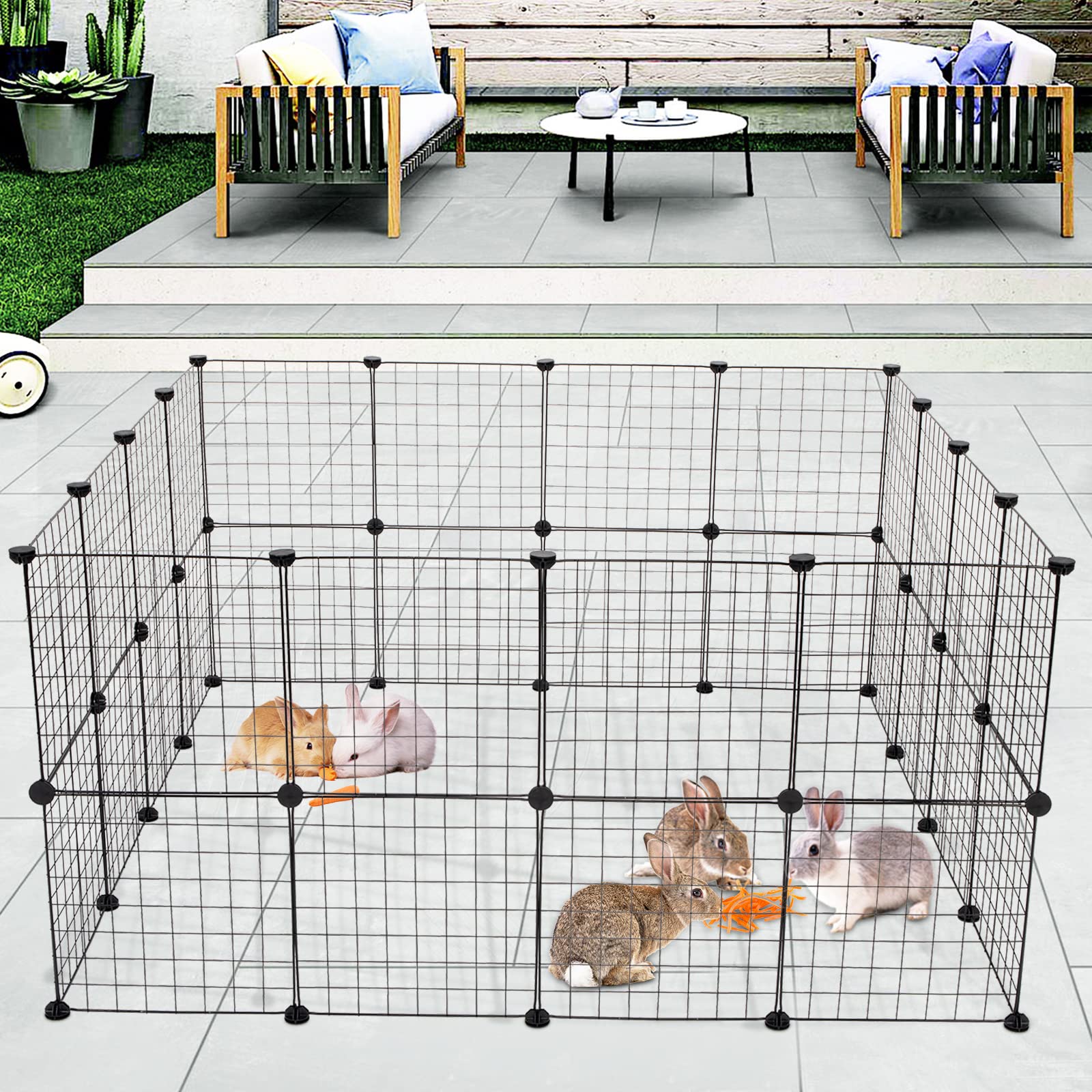 Parc Enclos, DIY Porte Petit Animal Pet Fence, Cage, Clôture, Intérieur, Modulable, pour Cochon d’Inde, Lapin, Hérisson, Petits Animaux, Panneaux Grillagés, 175 x 105 x 70 cm, 32 PCS, Noir