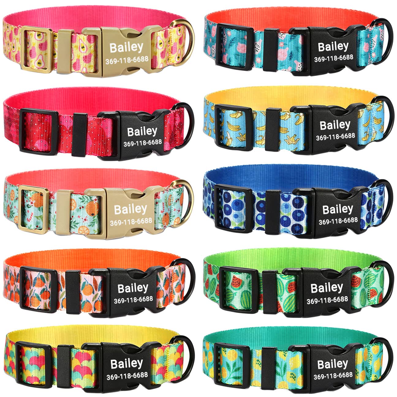 PETDURO Personalized Dog Collars - Custom Dog Collar of Multi Colors and Fruit Patterns with Name and Phone Number Engraved for Large Medium Small