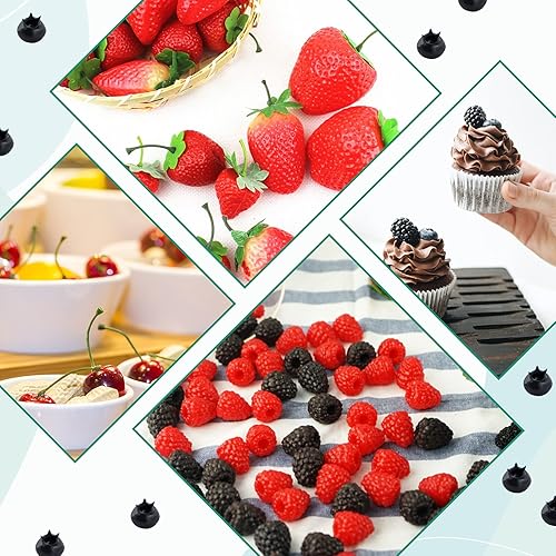 Miniatura 4 de 52 piezas de frutas artificiales falsas, incluye fresas falsas, arándanos falsos, frambuesas falsas, cerezas falsas, reutilizables, impermeables, de