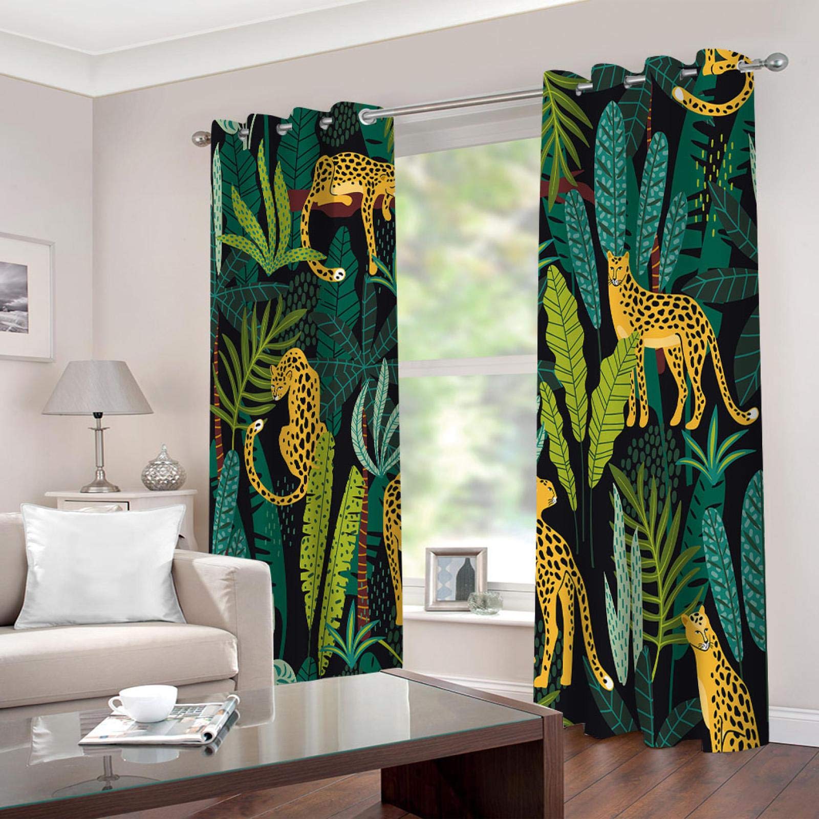 Rideau Occultant Isolant Thermique À Oeillets 2 Pièces 117x230cm, Motif Guépard Jungle Tropicale
