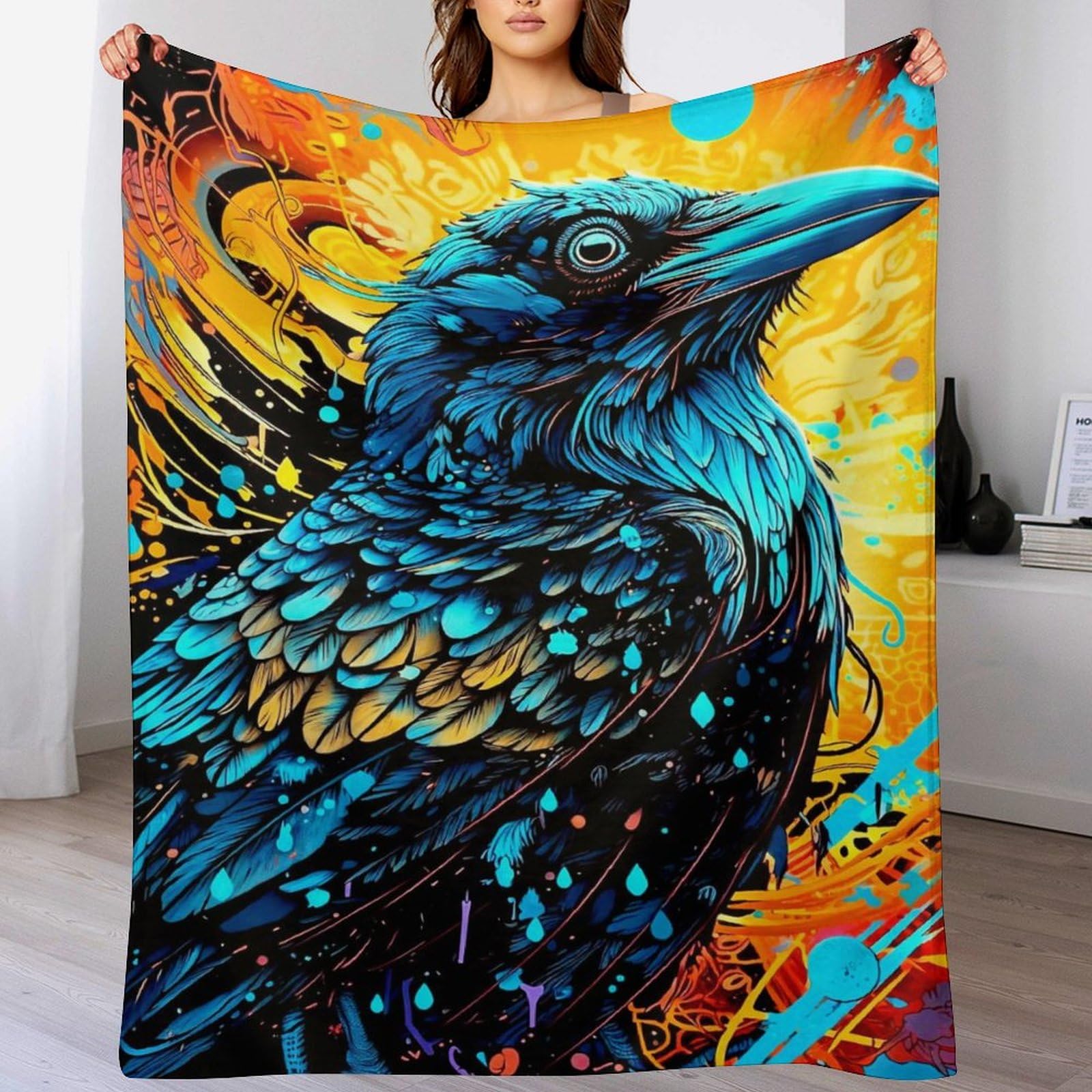 Couverture luxe motif corbeau avec impression 3D haute définition en flannel
