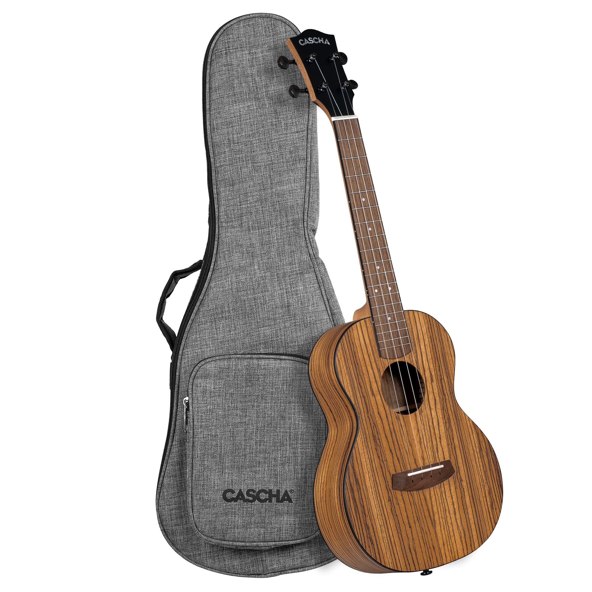 Cascha Ukulele Zebra Wood – Legno zebrato di alta qualità, suono caldo, collo Okoume, tastiera in noce, finitura opaca, corde in carbonio Cascha, con custodia per il trasporto, tenore