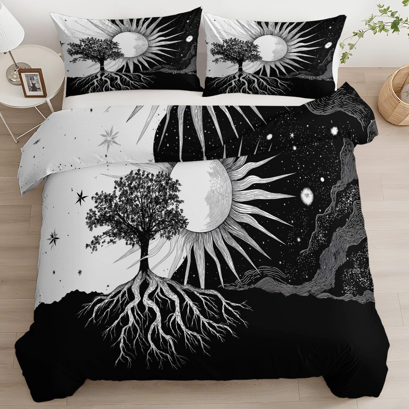 Komplet pościeli dziecięcej z mikrofibry, komfort spania, antyalergiczna, miękka, fantazyjna, słońce, księżyc, drzewo, 200 x 200 cm, czarno-biała, dwustronna, 3-częściowy zestaw pościeli z 2