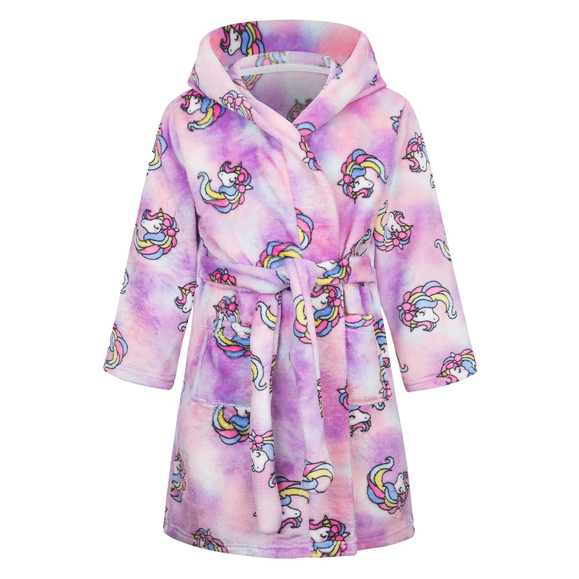 Bademantel Kapuze Kinder Morgenmantel Flanell Nachtwäsche Robe Frottee Lange Ärmel Weiche Schlafoveralls Bademantel Pyjama Taillengürtel Netter Tier Muster für Mädchen Junge Alter 1-7 Jahre