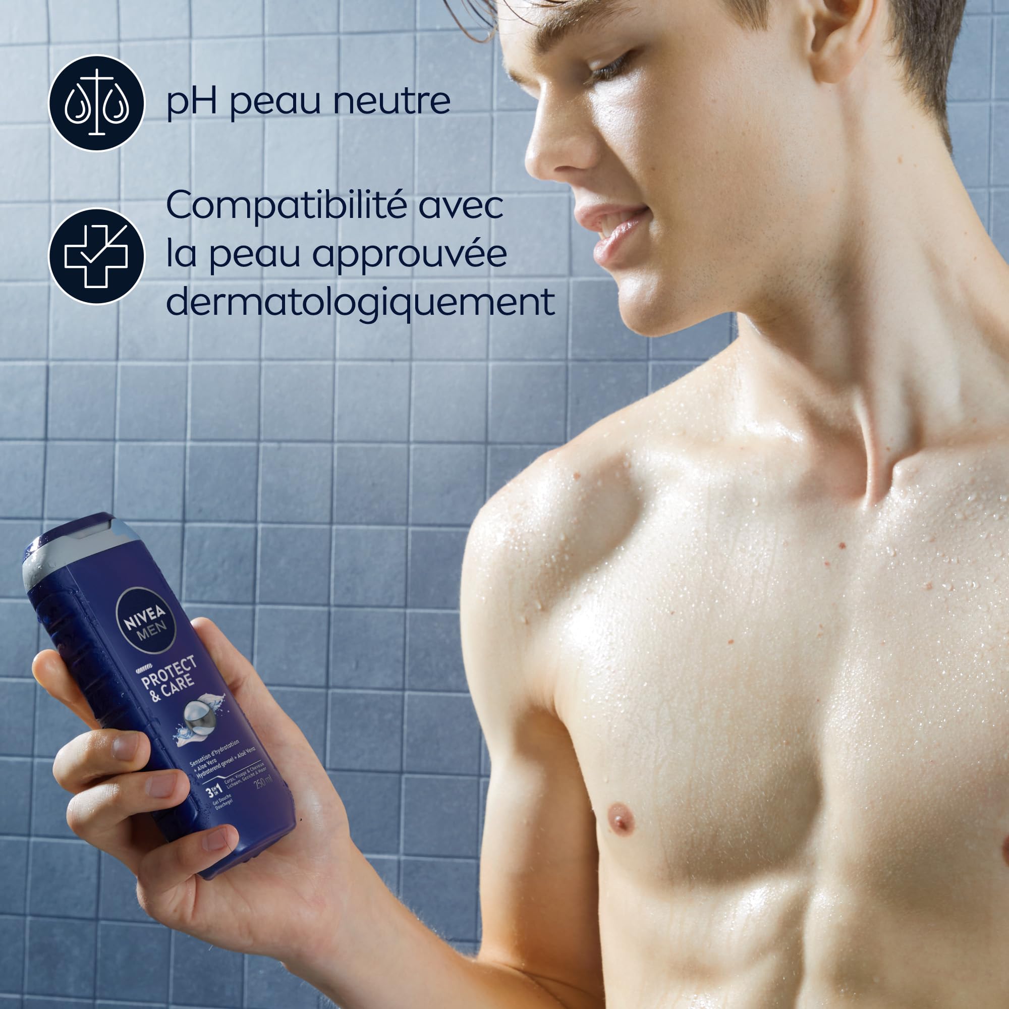 NIVEA MEN Gel douche Protect & Care (lot 6x250 ml) — Soin lavant enrichi en Aloe Vera naturel — Gel douche homme 3 EN 1 — Soin nettoyant corps visage et cheveux à la formule hydratante
