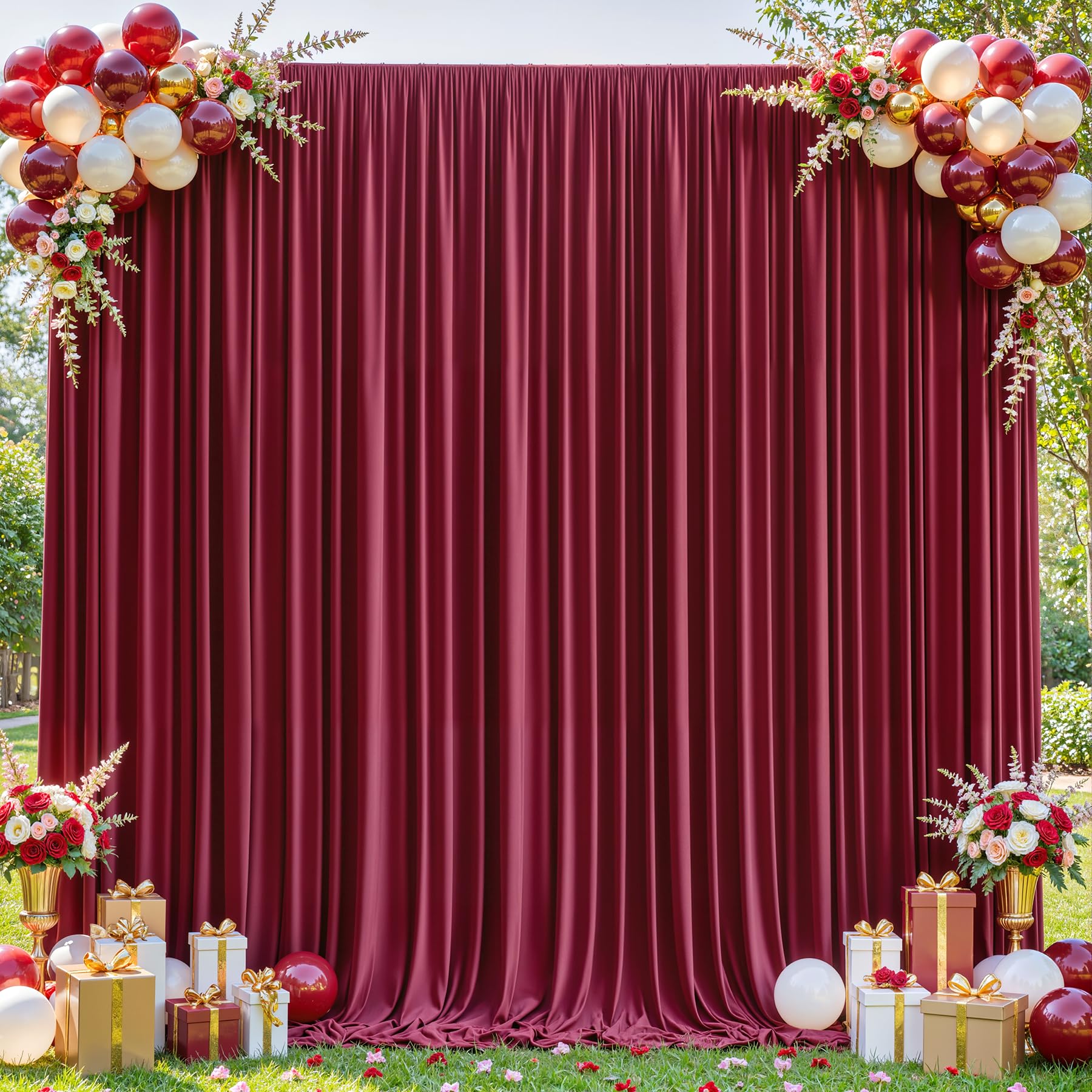 Photo 1 of 10x10ft Burgundy Backdrop Curtains for Wedding Parties Wrinkle Free Wine Red Curtains Photo Backdrop Drapes for Photography Birthday Baby Shower Soft Fabric Party Backgournd for Photoshoot