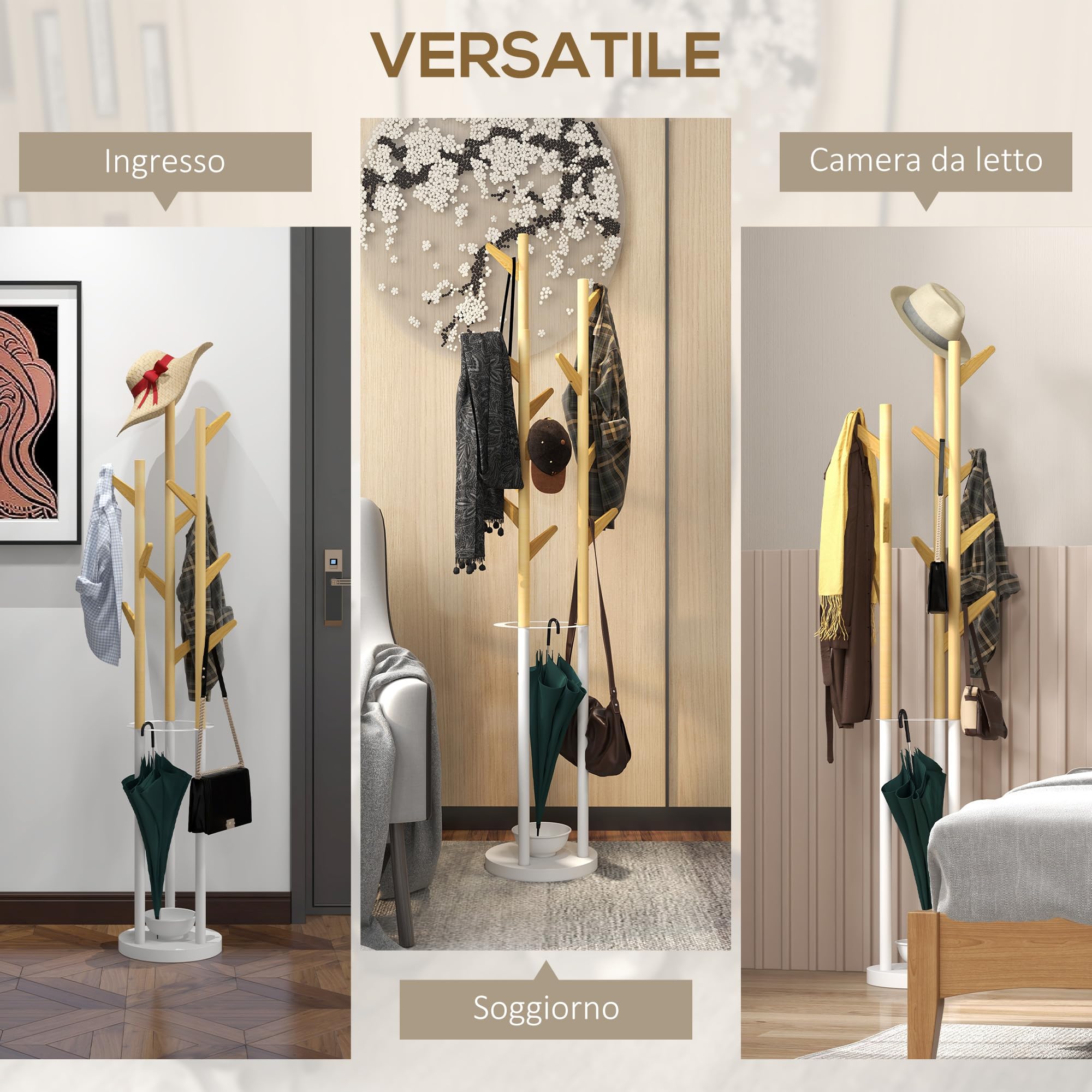 HOMCOM Appendiabiti da Terra di Design 30.5x30.5x174.5cm Legno e Bianco | Portaombrelli e 12 Ganci, Metallo e Bambù