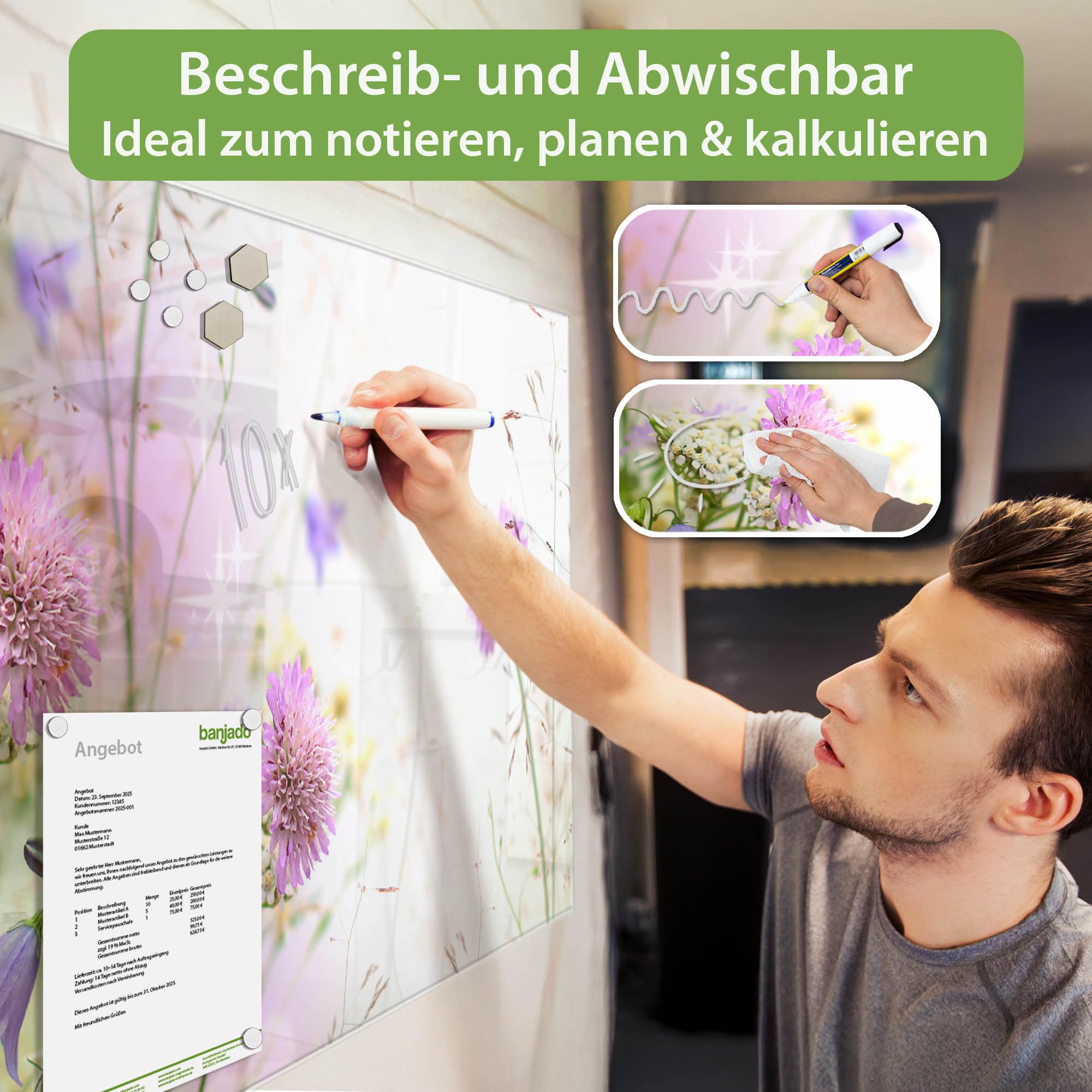 banjado Glas-Memoboard in 60x40cm mit Blumen- und Pflanzenmotiv | Beschreibbares Glasboard für Planung und Fotos, mit Motiv Glitzernde Wiese im floralen Stil