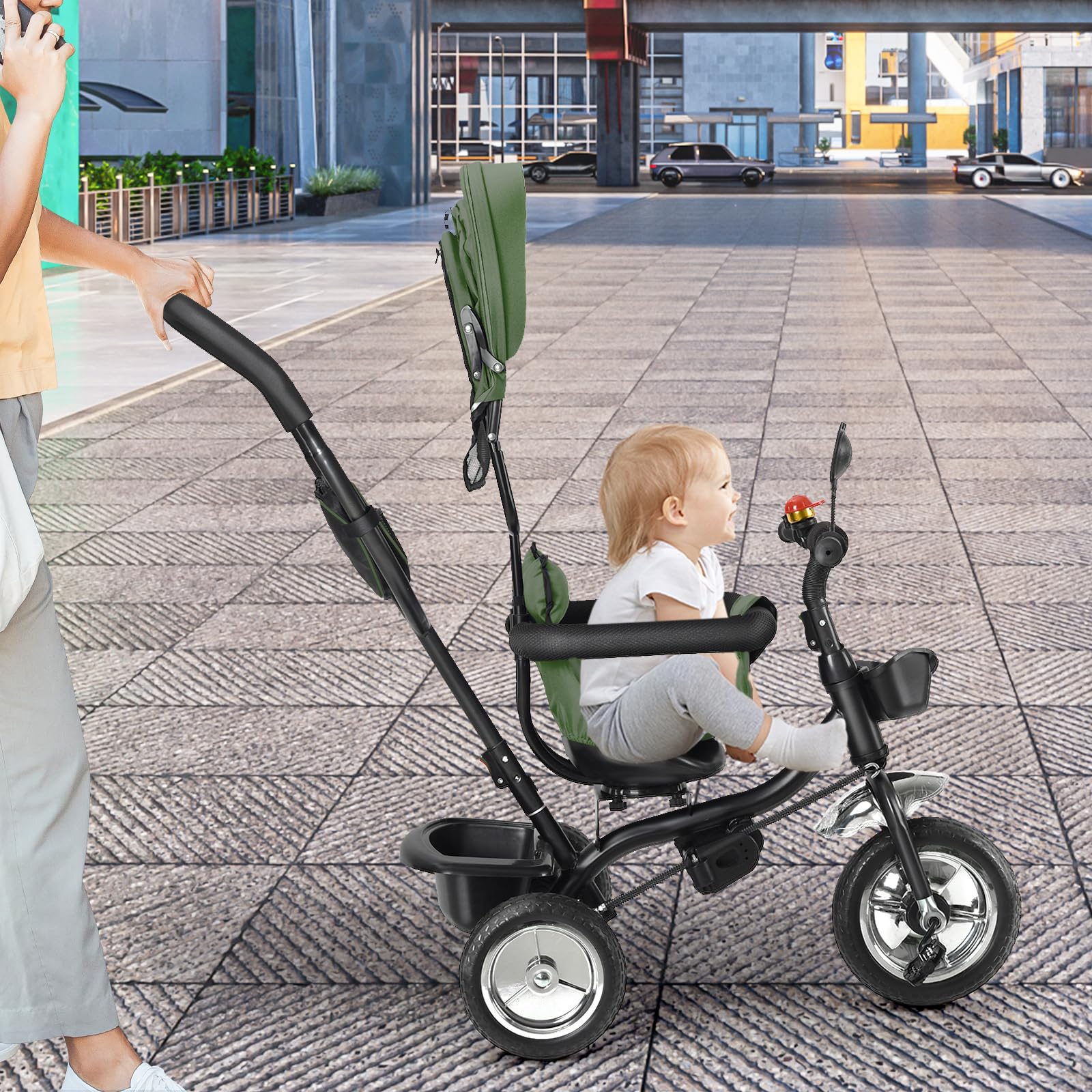 Triciclo evolutivo, triciclo evolutivo 4 in 1, triciclo bambino da 9 mesi fino a 25 kg, con asta di spinta regolabile in altezza, sedile girevole anteriore e posteriore, baldacchino pieghevole (verde)