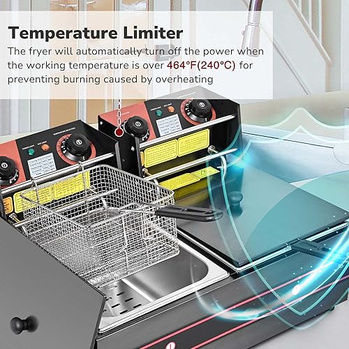 Miniatura 9 de WeChef Freidora comercial eléctrica de encimera de 5000 W con cesta de tanque doble 24 L de acero inoxidable negro restaurante comercial