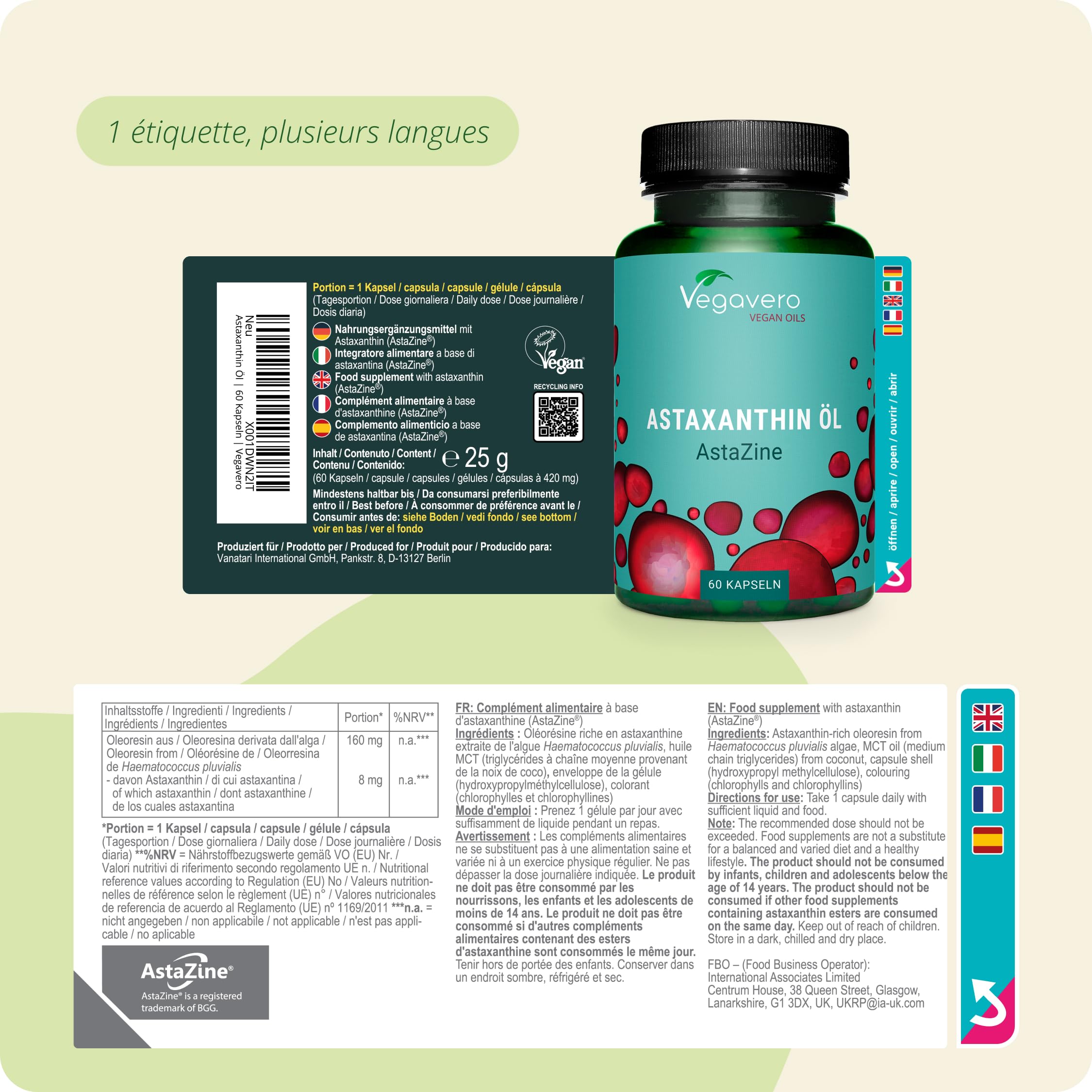 Astaxanthine 8mg PREMIUM Vegavero® | Qualité Supérieure : Huile AstaZine® | 100% Naturelle & Pure | Sans Additifs | Antioxydant Puissant | VEGAN