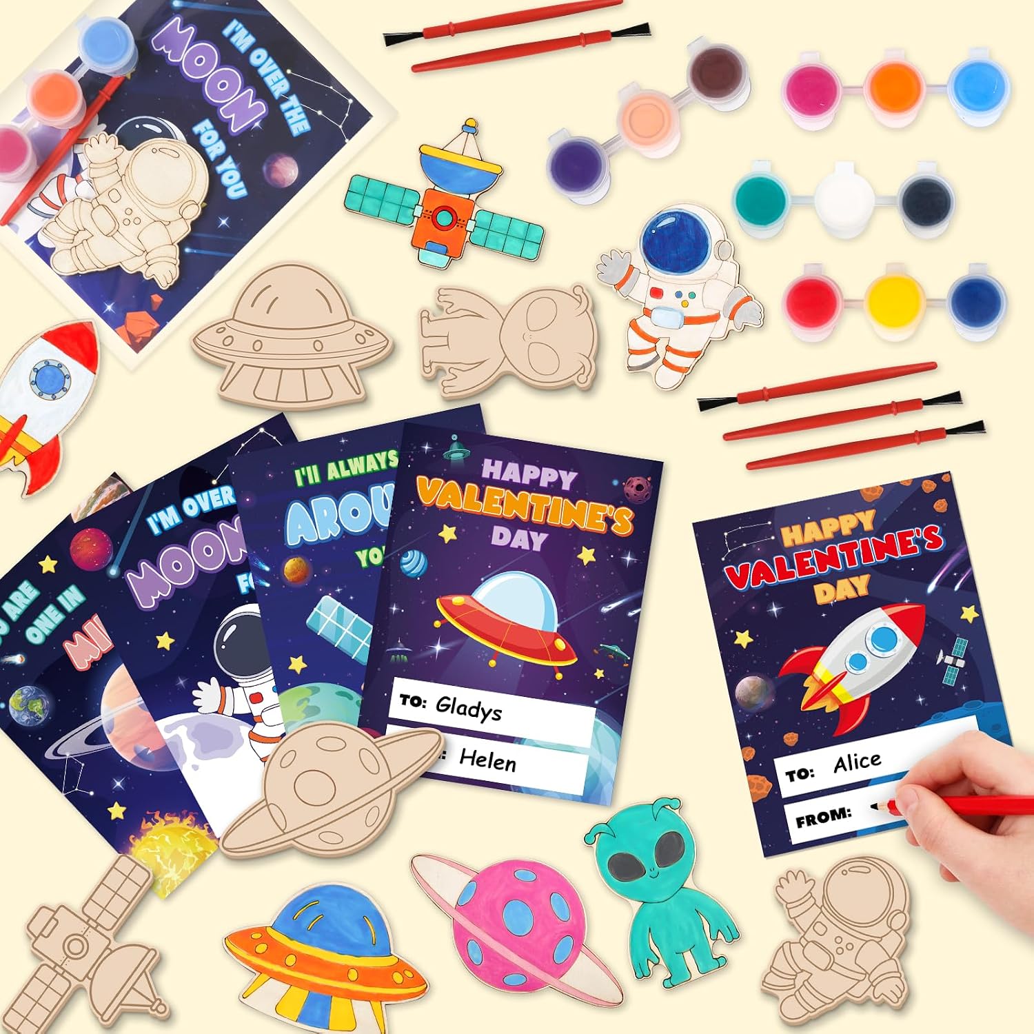 24 Pack Valentines Day Cards for Kids School Classroom with Space Painting DIY Craft Kits, Valentines Day Gifts for Kids Classroom Exchange Valentines Party Favors & Prizes Gifts for Boys Girls